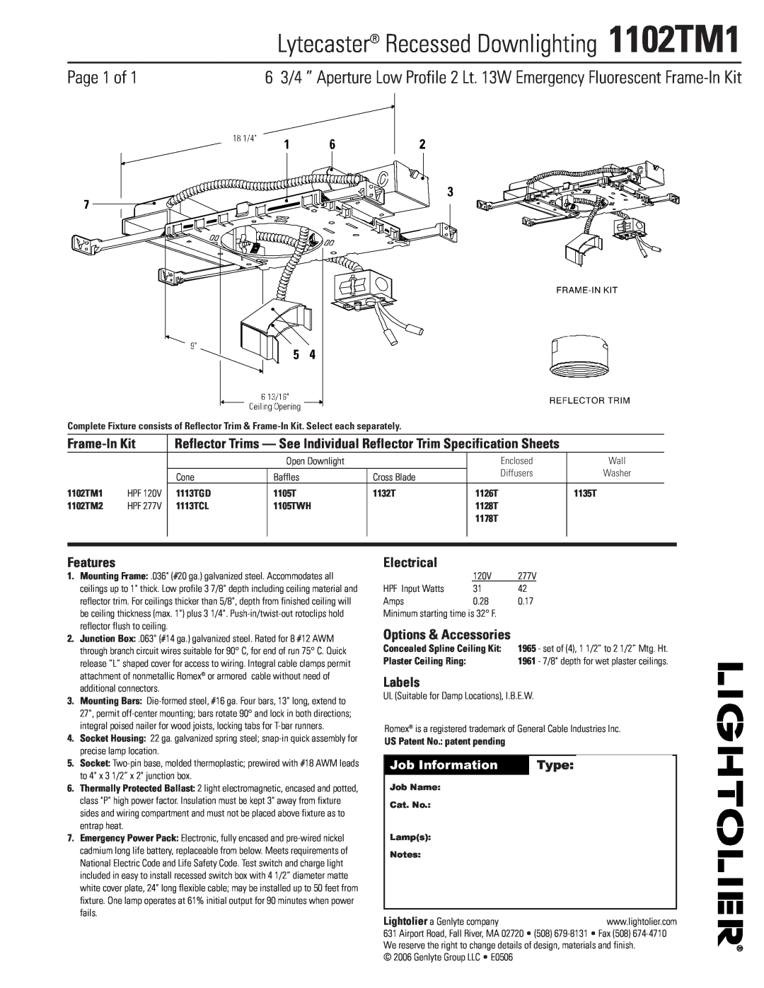 Lightolier specifications Lytecaster Recessed Downlighting 1102TM1, Page 1 of, Frame-InKit, Features, Electrical, Type 