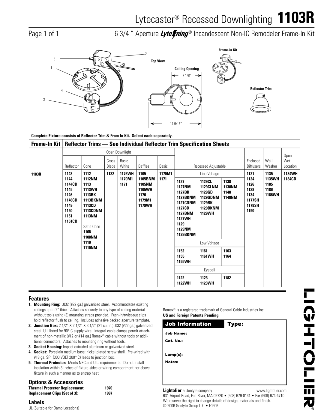 Lightolier specifications Lytecaster Recessed Downlighting 1103R, Aperture 0 Incandescent Non-IC Remodeler Frame-In Kit 