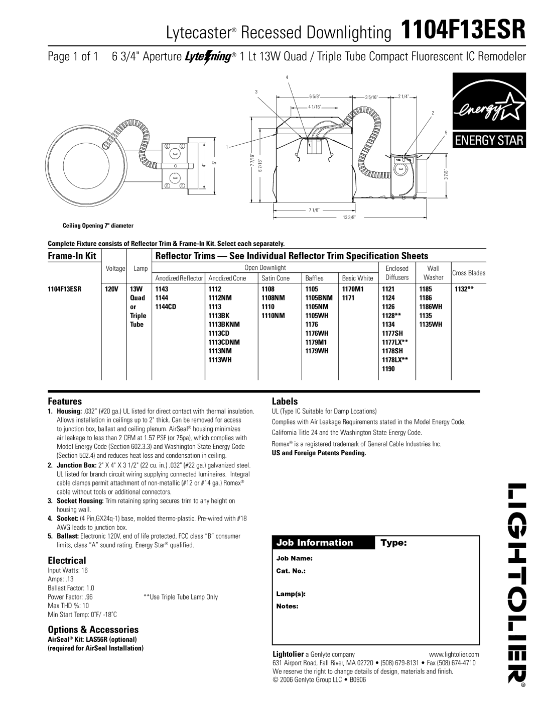 Lightolier specifications Lytecaster Recessed Downlighting 1104F13ESR, Features, Electrical, Options & Accessories 