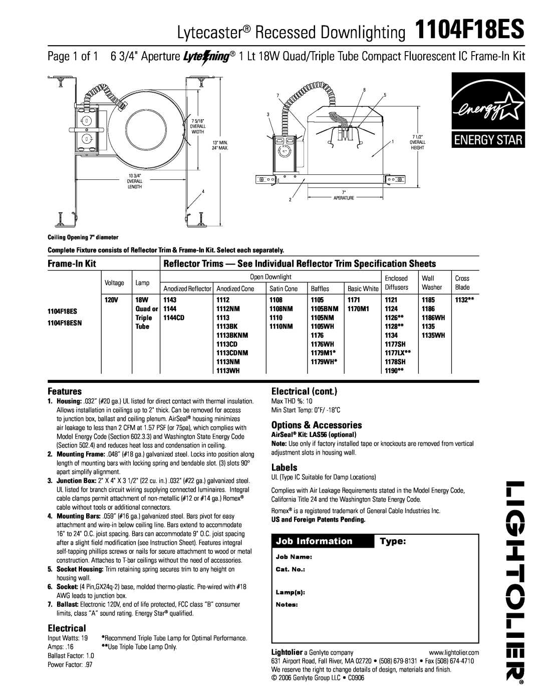 Lightolier specifications Lytecaster Recessed Downlighting 1104F18ES, Frame-InKit, Features, Electrical, Labels, Type 
