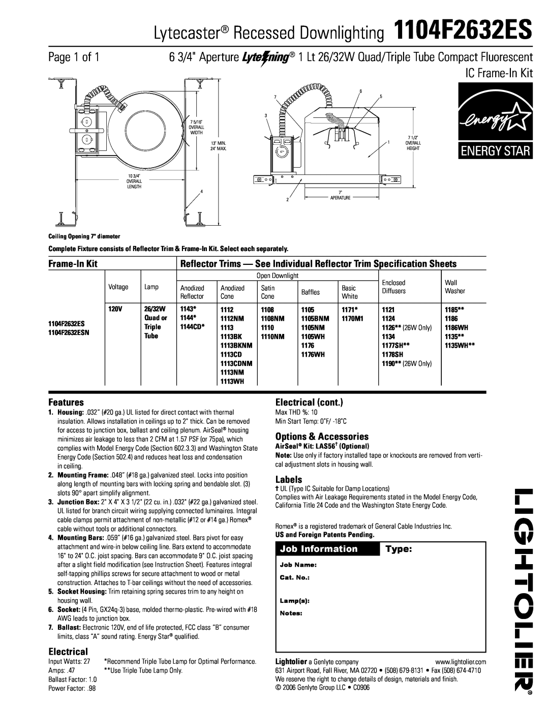 Lightolier specifications Lytecaster Recessed Downlighting 1104F2632ES, Page  of, IC Frame-InKit, Features, Electrical 