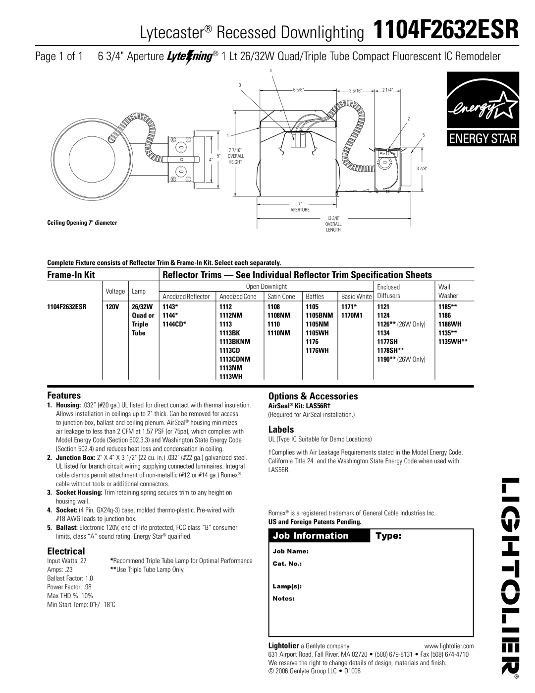 Lightolier specifications Lytecaster Recessed Downlighting 1104F2632ESR, Features, Electrical, Options & Accessories 