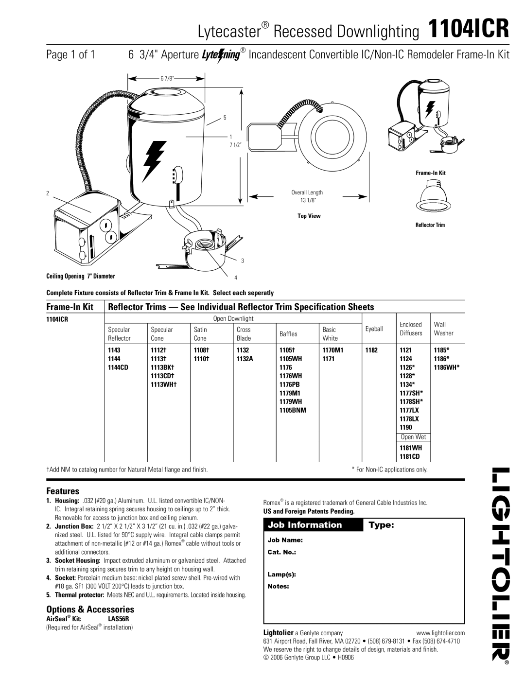 Lightolier specifications Lytecaster Recessed Downlighting 1104ICR, Frame-In Kit, Features, Options & Accessories 