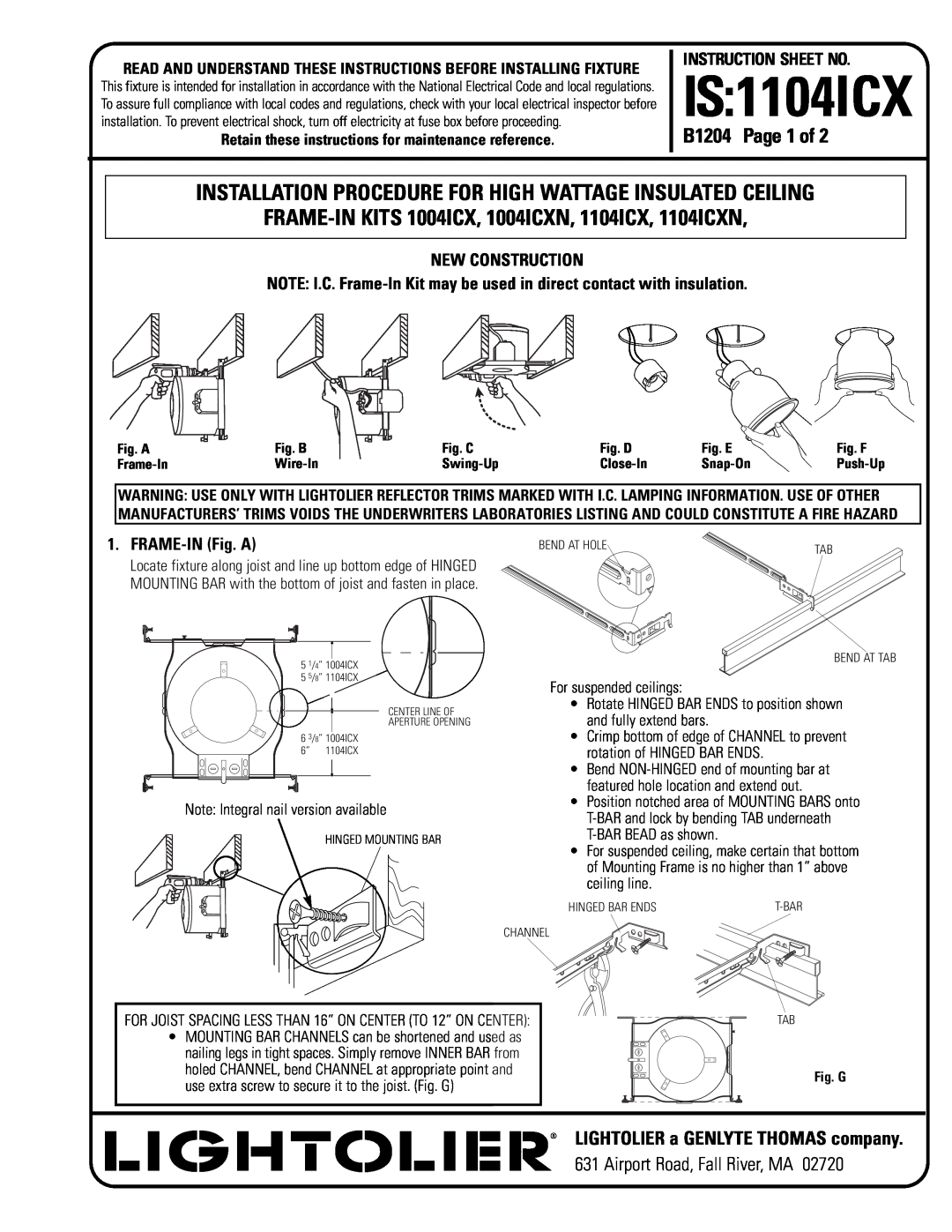 Lightolier 1104ICXN instruction sheet B1204, Instruction Sheet No, New Construction, FRAME-INFig. A, IS 1104ICX 