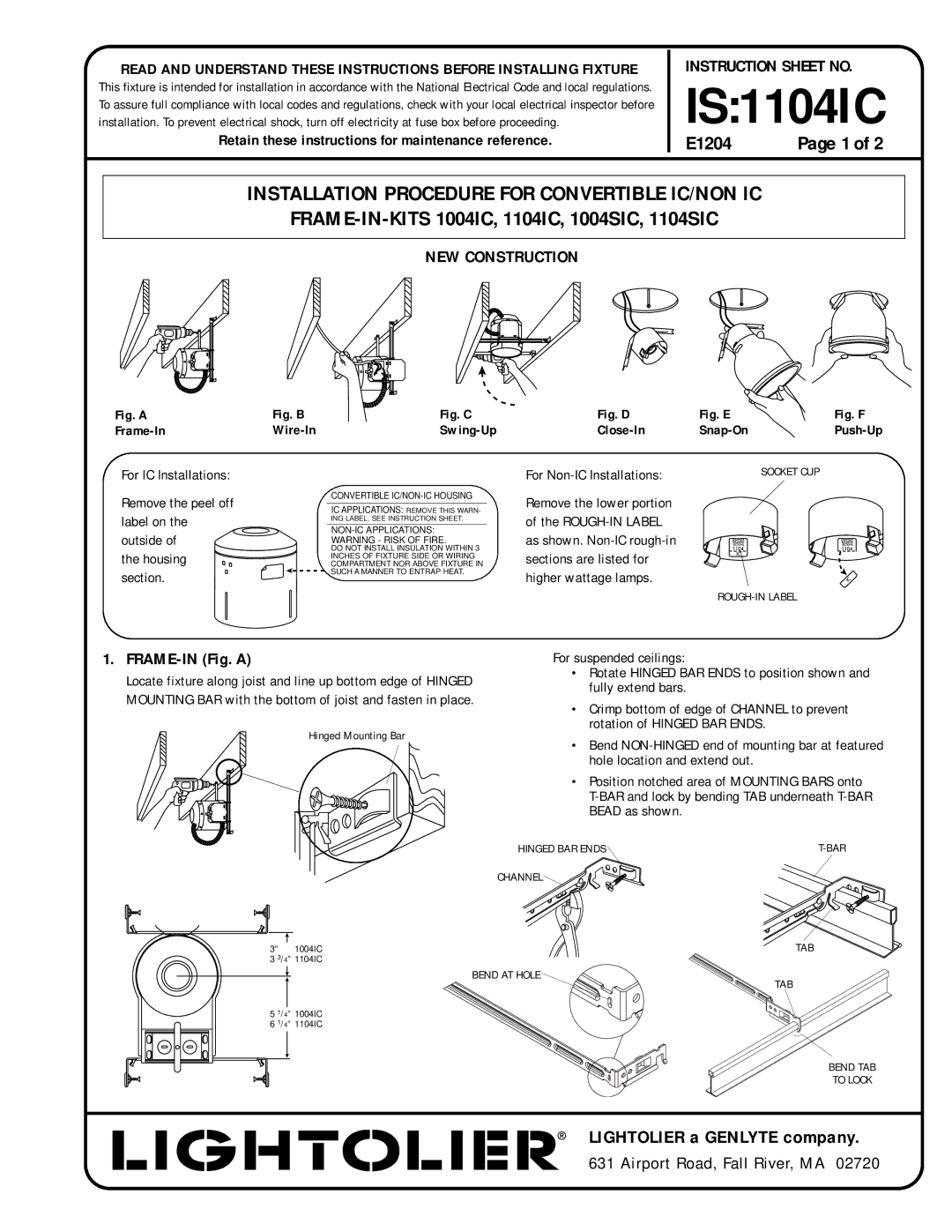 Lightolier 1104IC, 1104SIC instruction sheet FRAME-IN Fig. a, For IC Installations Remove the peel off label on, Section 