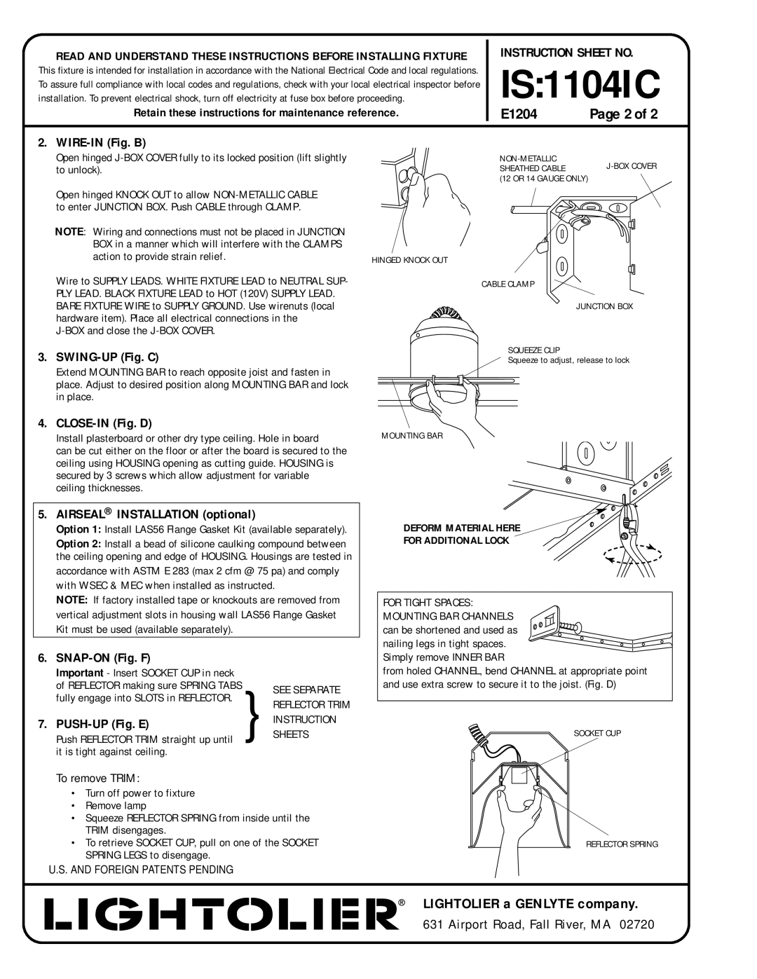 Lightolier IS:1104IC WIRE-IN Fig. B, SWING-UP Fig. C, CLOSE-IN Fig. D, Airseal Installation optional, SNAP-ON Fig. F 