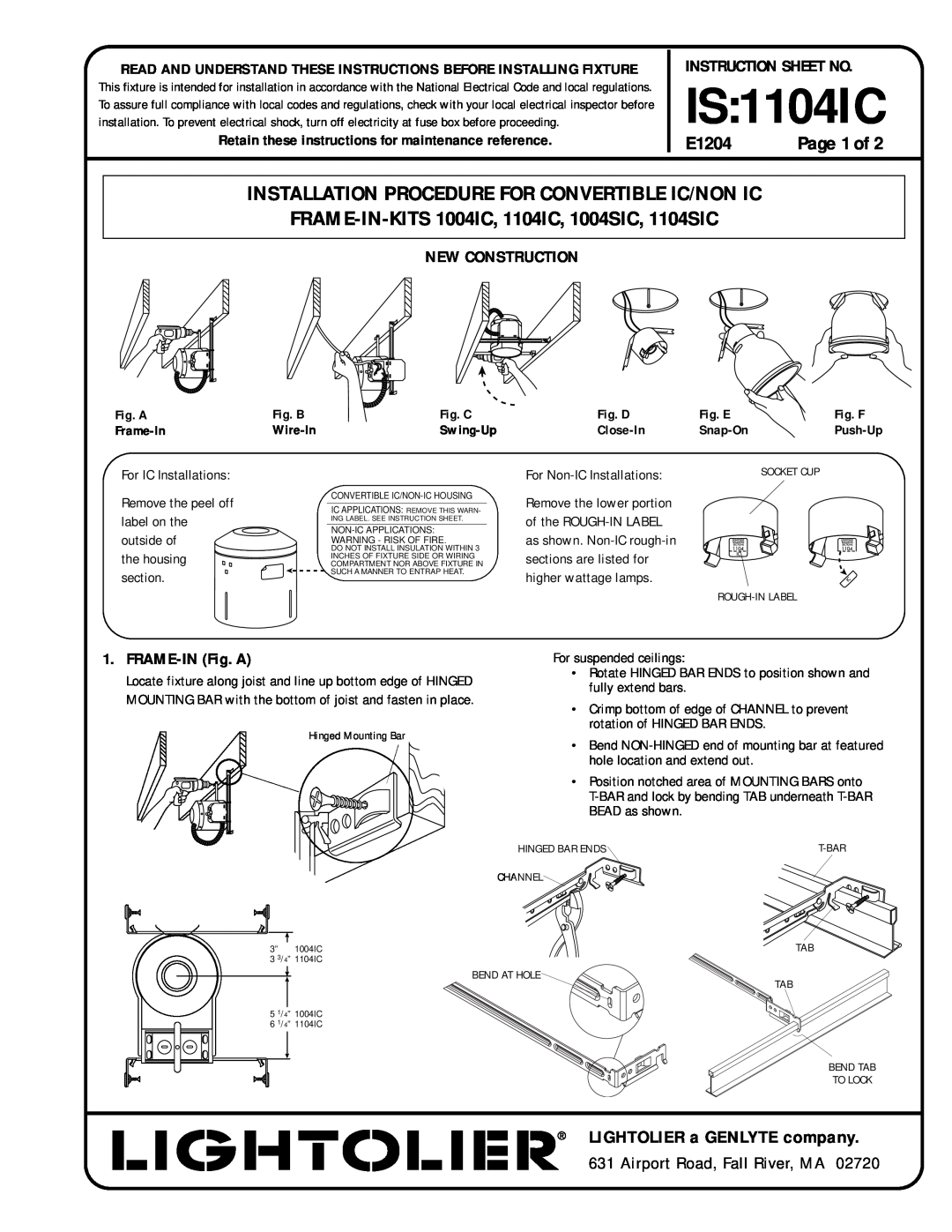 Lightolier instruction sheet IS 1104IC, E1204, LIGHTOLIER a GENLYTE company, Airport Road, Fall River, MA, Page 1 of 