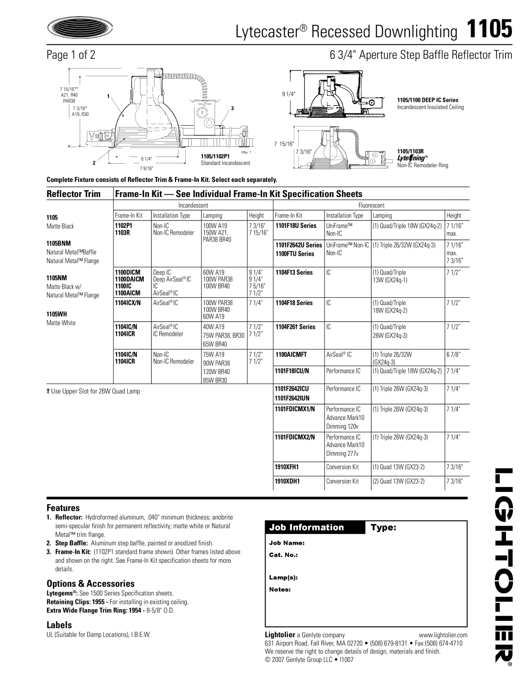 Lightolier 1105 specifications Reflector Trim, Features, Options & Accessories, Labels 