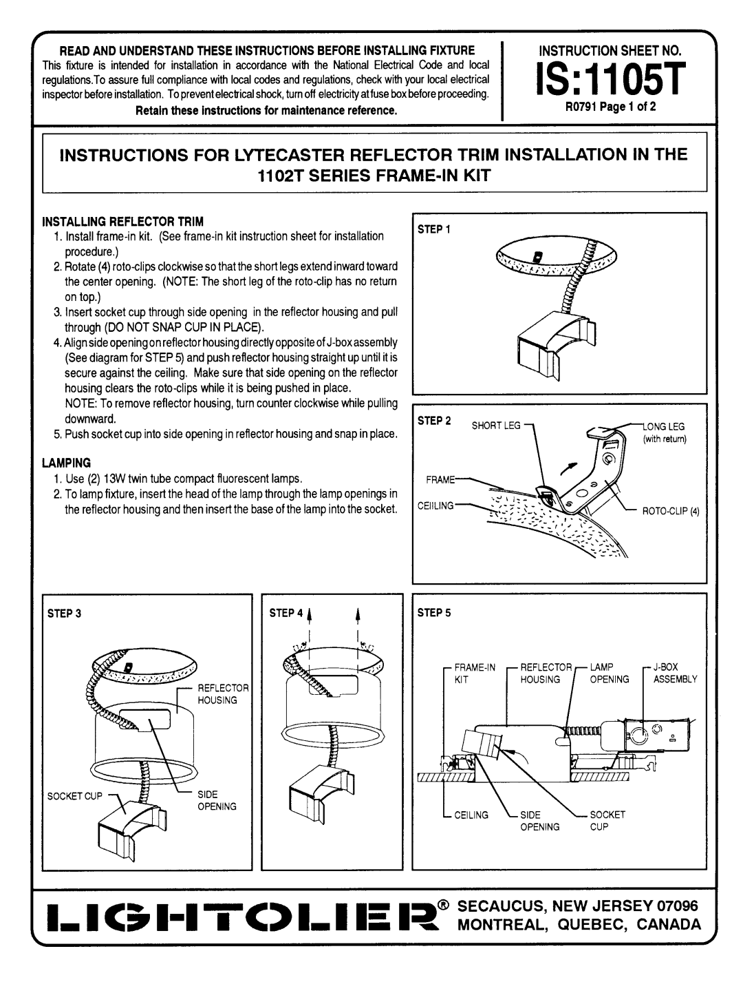 Lightolier 1105T instruction sheet Read and Understand These Instructions, Installing Fixture Instruction Sheet no 