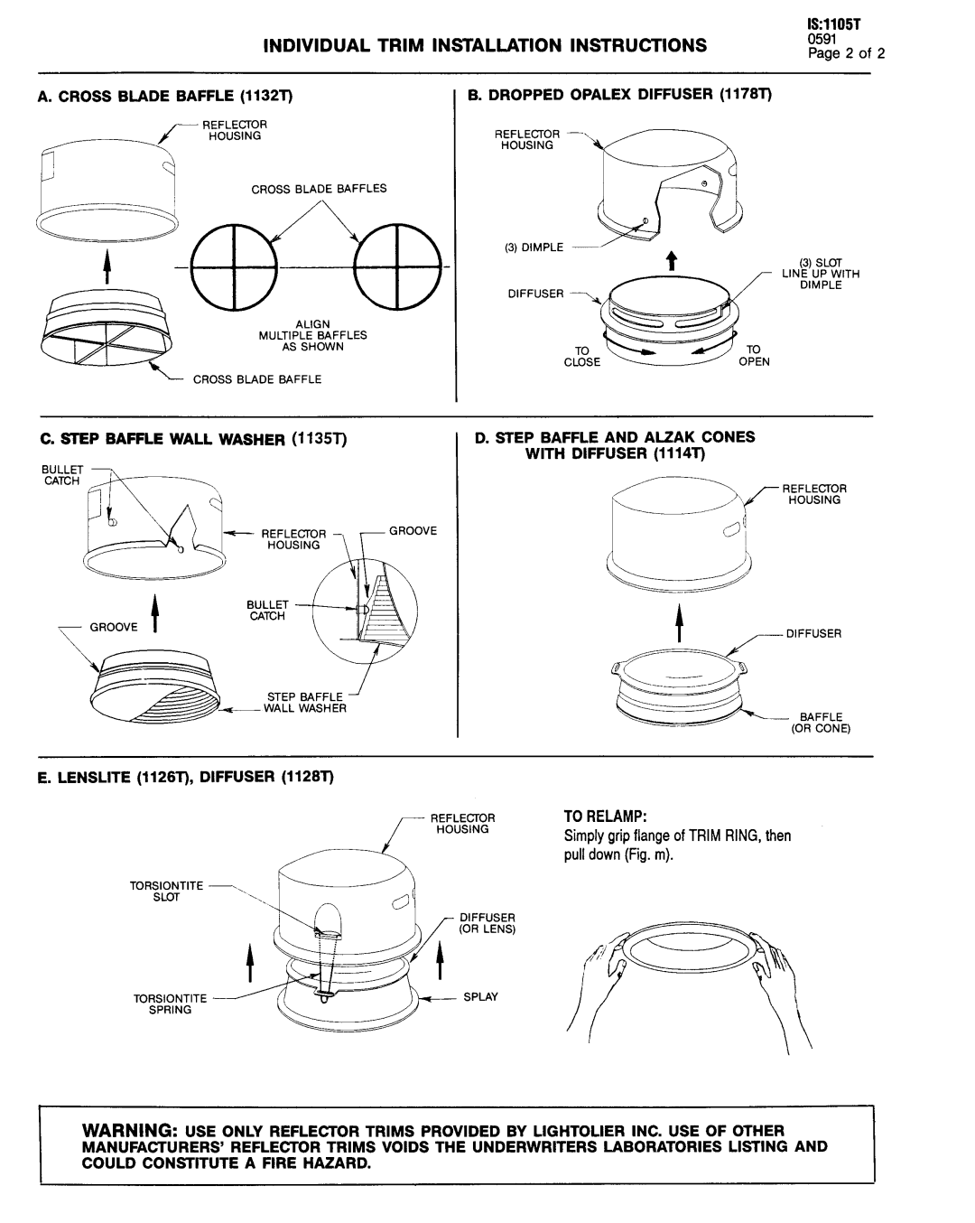 Lightolier 1105T instruction sheet Cross Blade Baffle 1132T Dropped Opalex Diffuser 1178T, Lenslite 1126T, Diffuser 1128T 