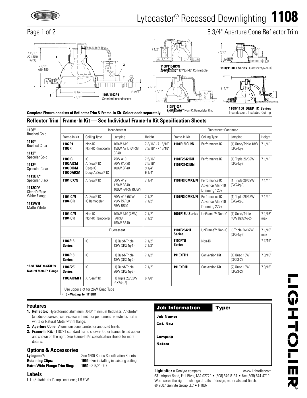 Lightolier 1108 specifications Features, Options & Accessories, Labels 