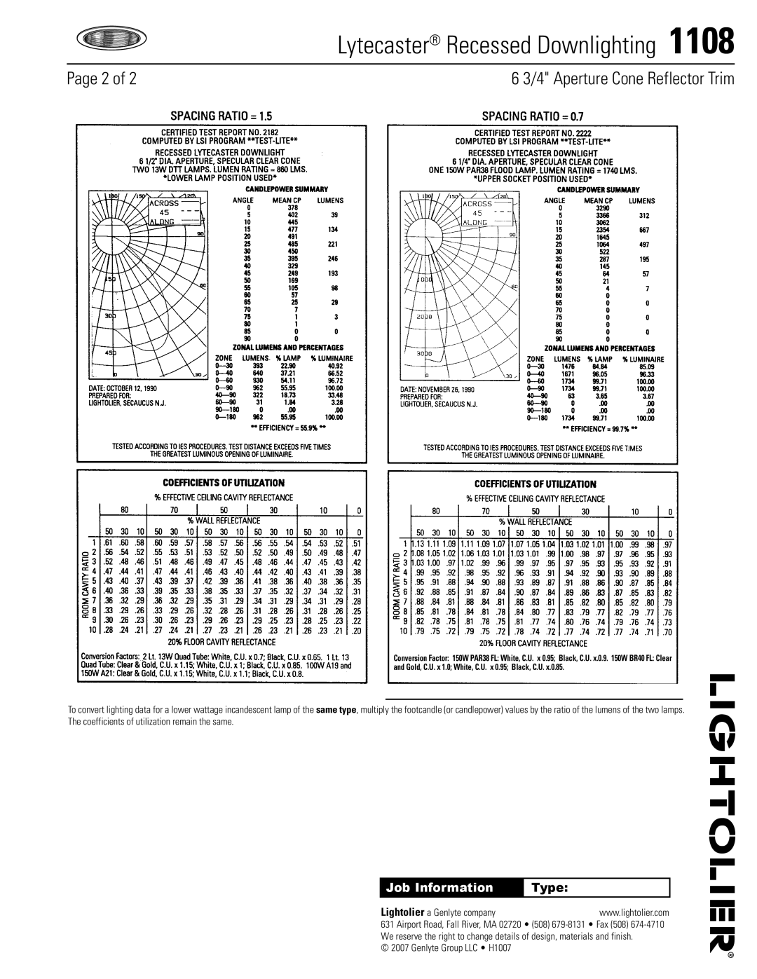 Lightolier 1108 specifications Job Information 