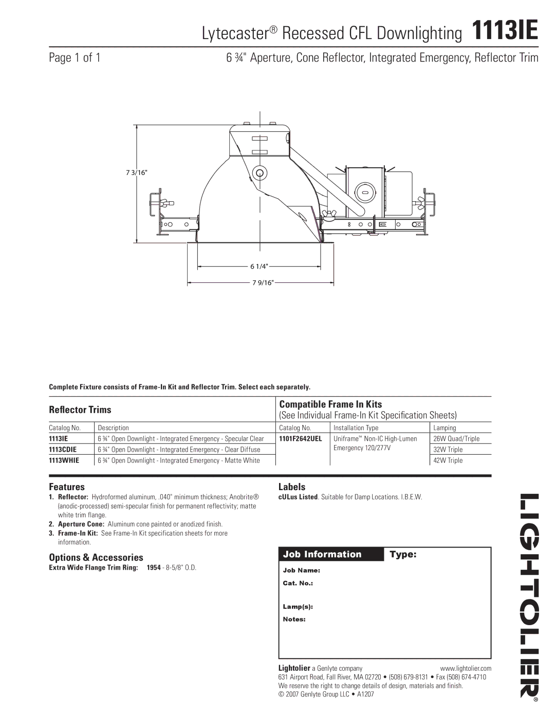 Lightolier specifications Lytecaster Recessed CFL Downlighting 1113IE, Reflector Trims Compatible Frame In Kits 