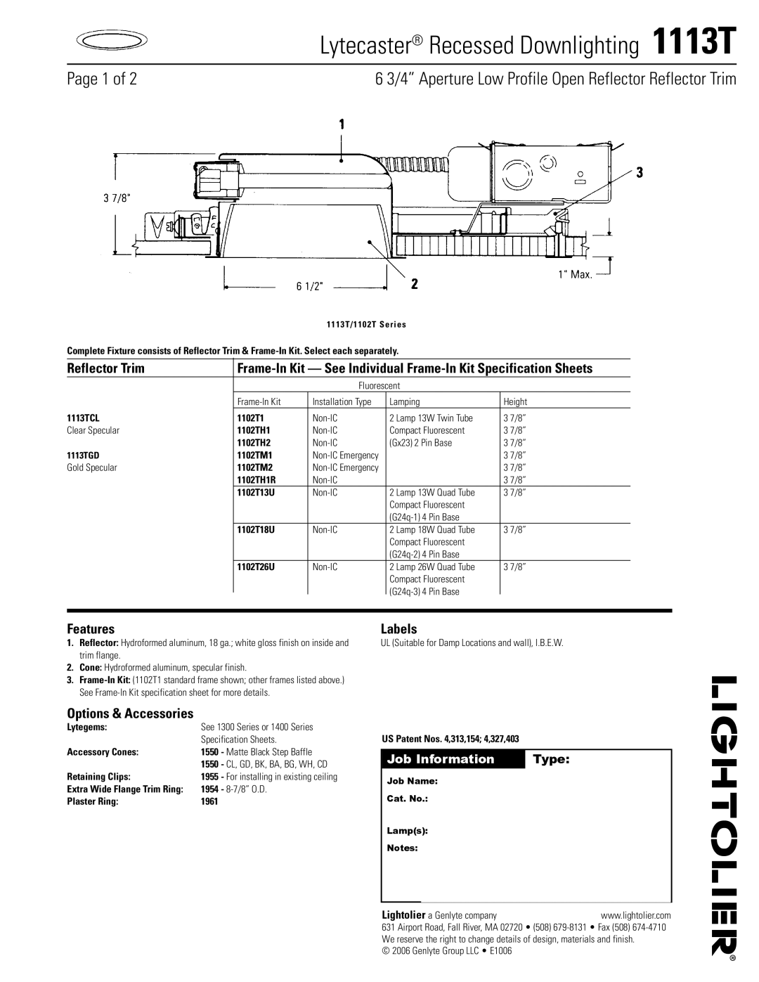 Lightolier 1113T specifications Reflector Trim, Features Labels, Options & Accessories 