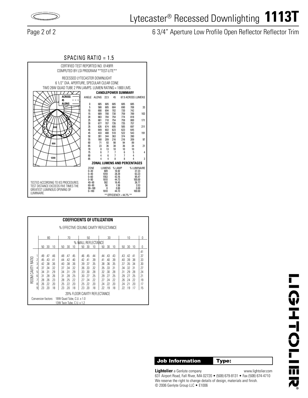 Lightolier specifications Lytecaster Recessed Downlighting 1113T 