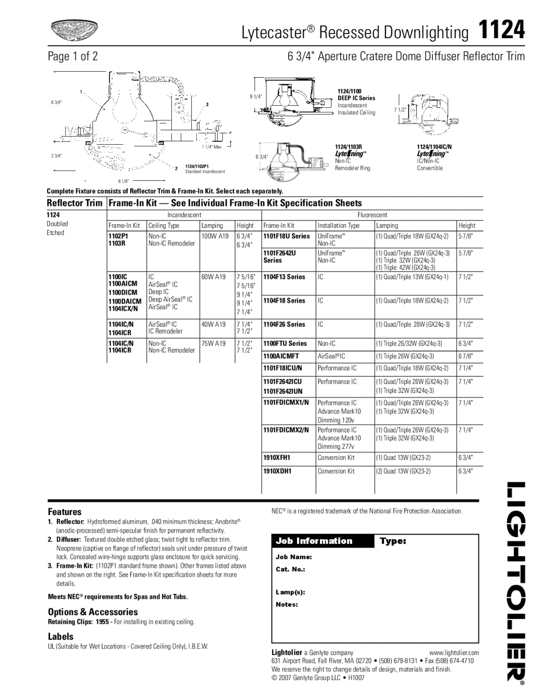 Lightolier 1124 specifications Features, Options & Accessories, Labels, Reflector Trim 