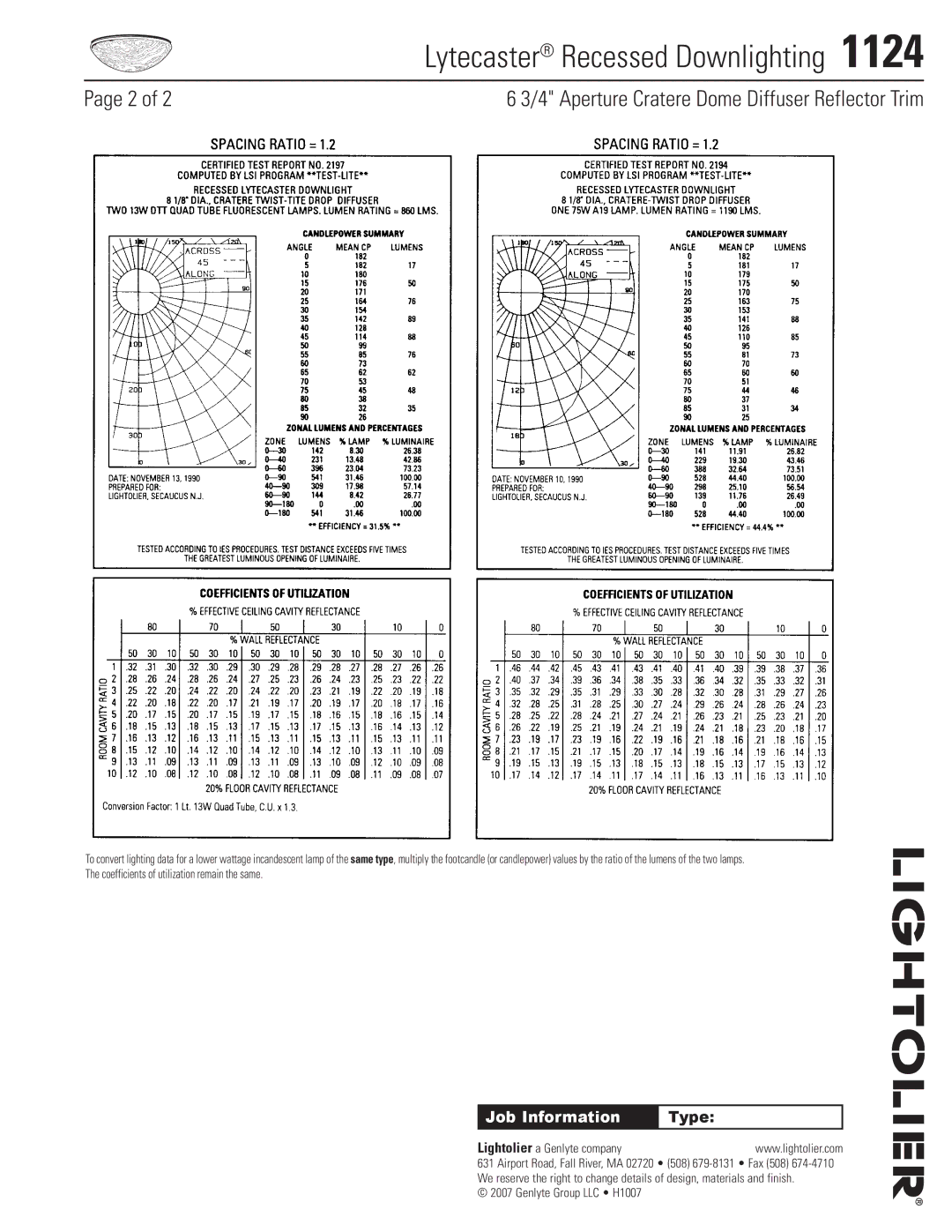 Lightolier 1124 specifications Job Information, Type 