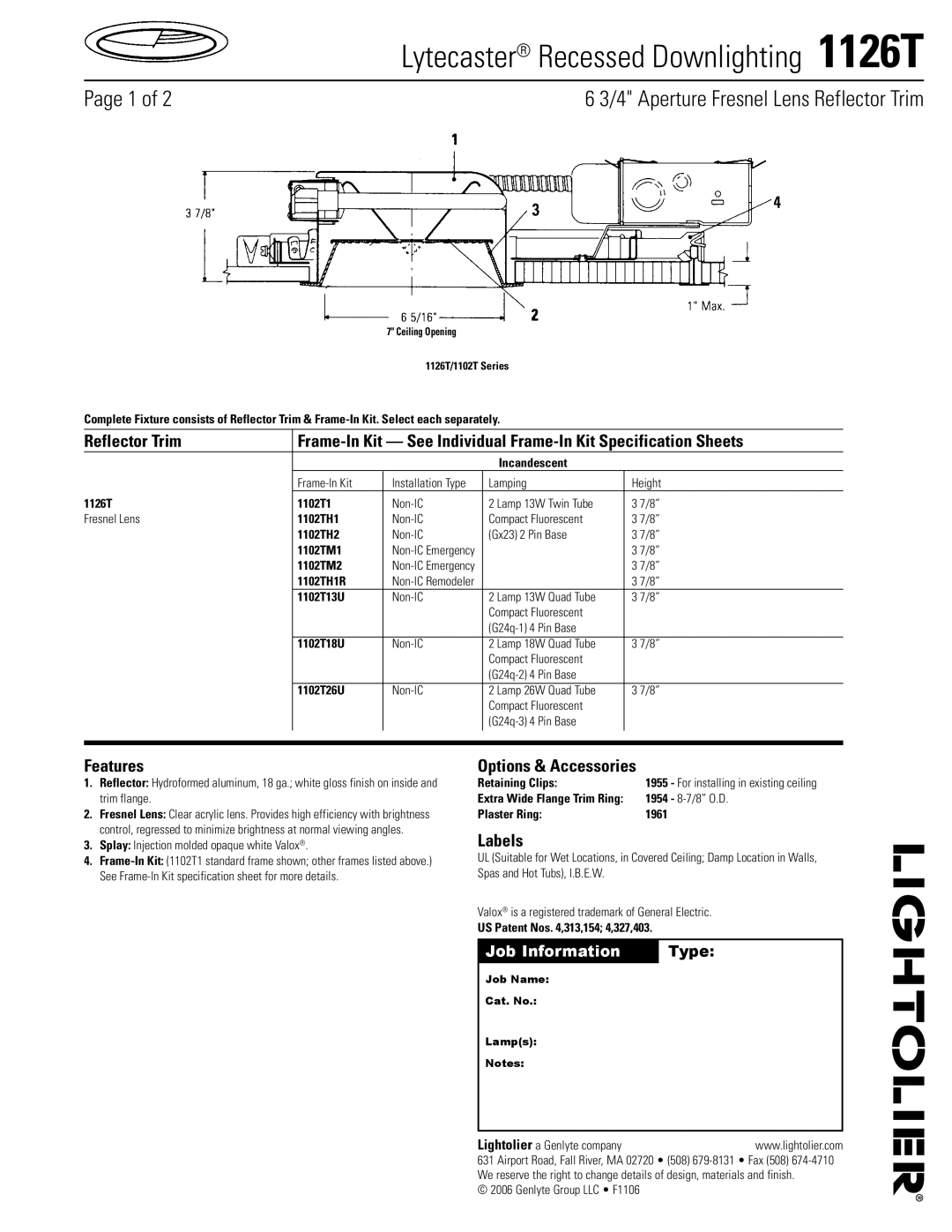 Lightolier 1126T specifications Features, Options & Accessories, Labels 