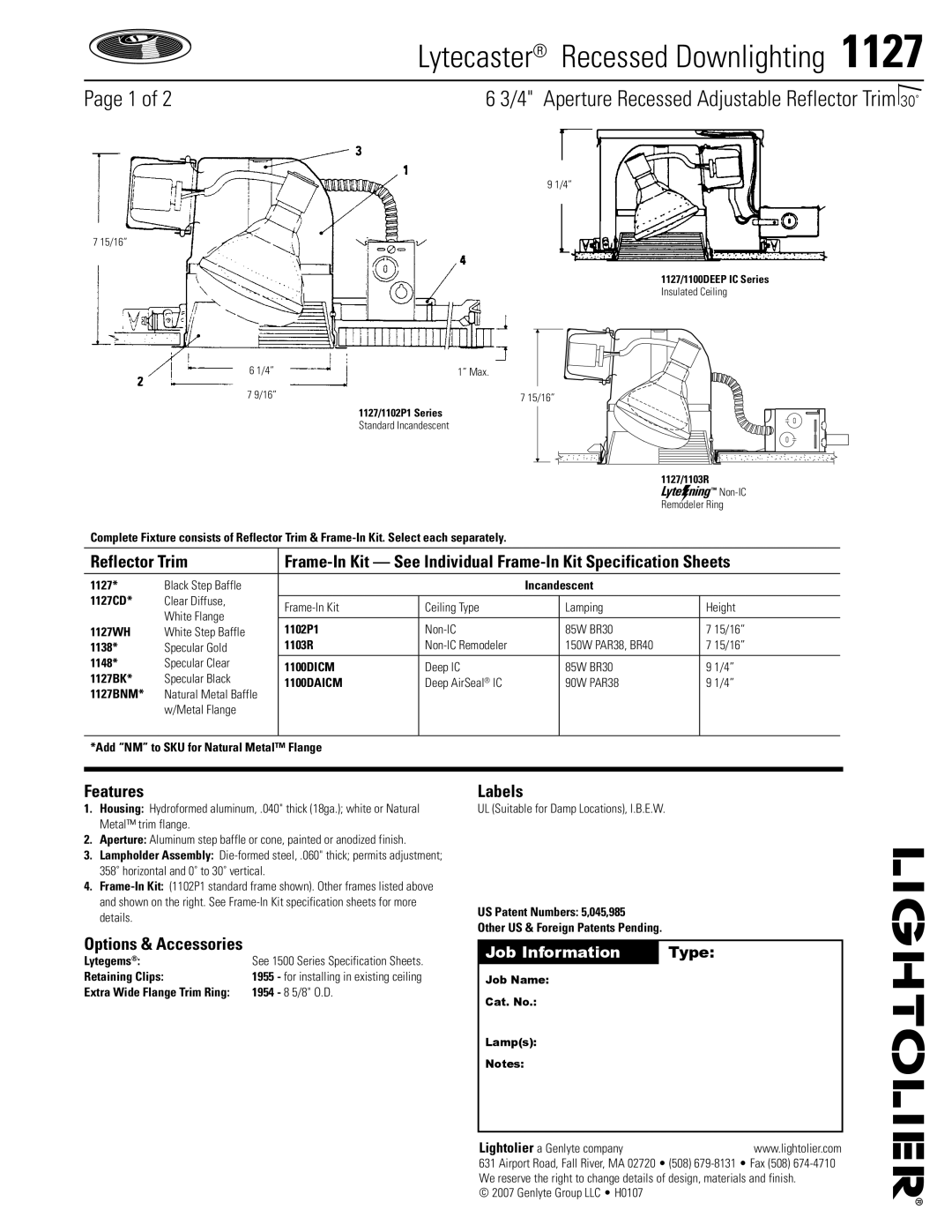 Lightolier 1127 specifications Lytecaster Recessed Downlighting 112, Aperture Recessed Adjustable Reflector Trim 30˚ 