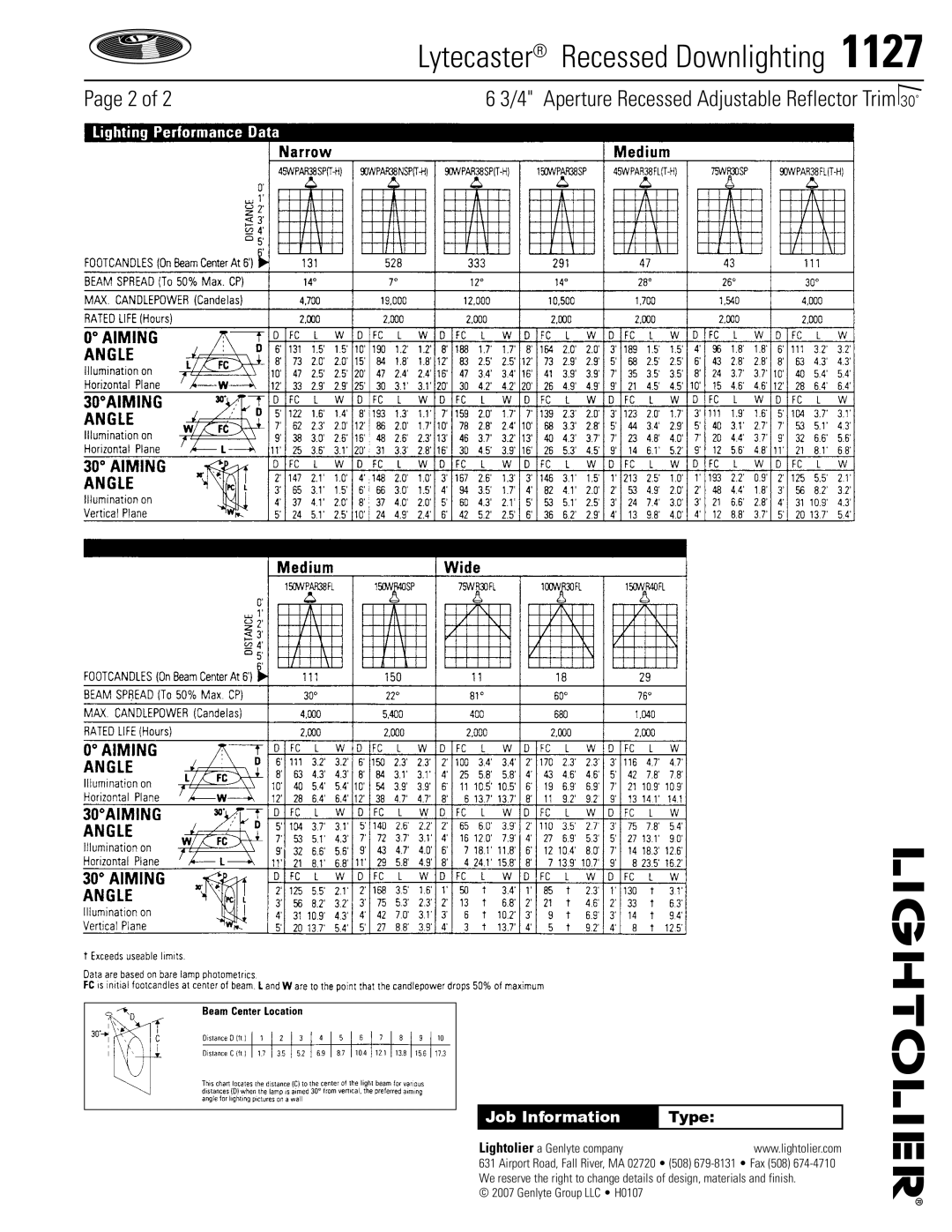 Lightolier 1127 specifications Job Information, Type 