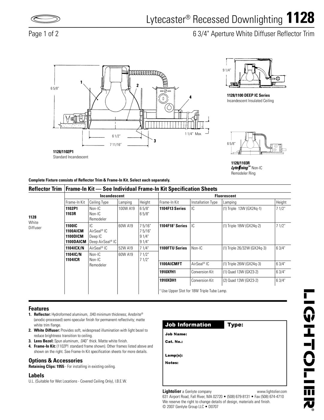 Lightolier 1128 specifications Lytecaster Recessed Downlighting, Aperture White Diffuser Reflector Trim, Features, Labels 