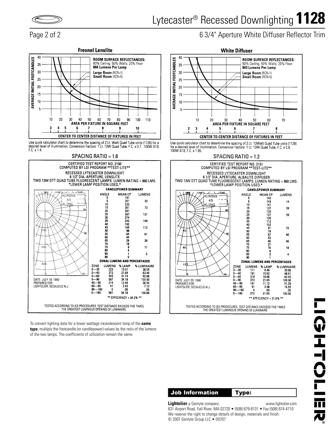 Lightolier 1128 specifications Job Information, Type, Lightolier a Genlyte company 