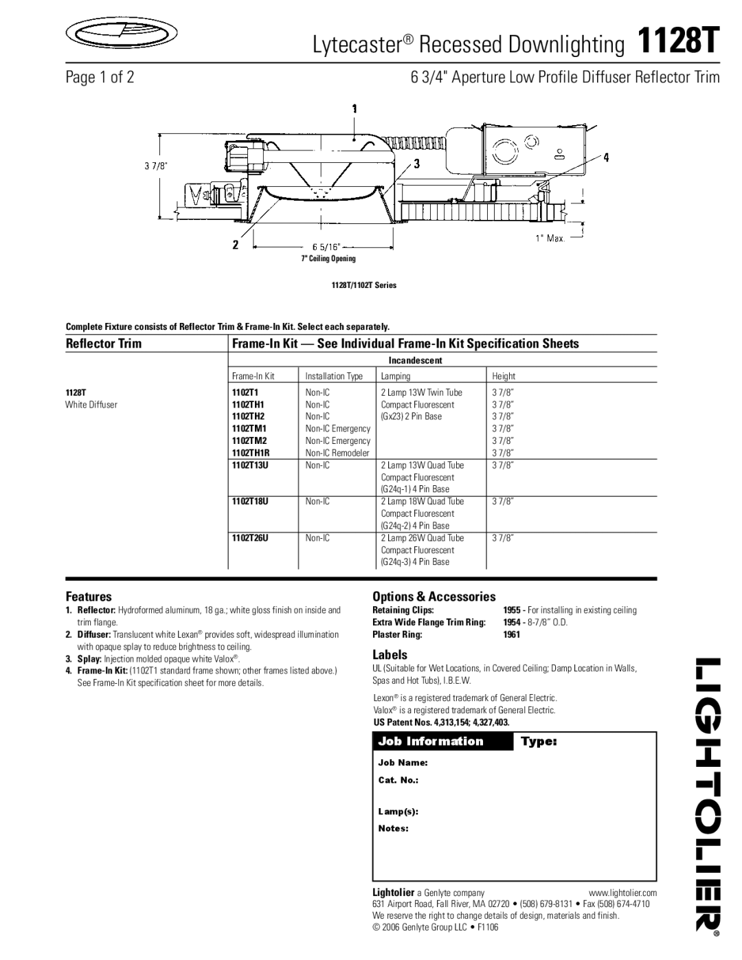 Lightolier 1128T specifications Features, Options & Accessories, Labels 