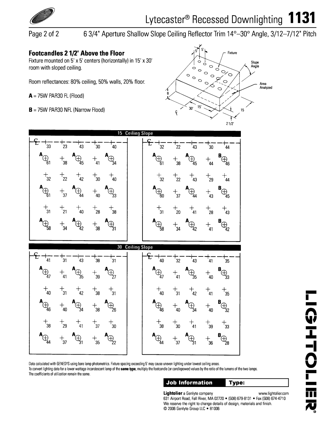 Lightolier 1131 specifications Page of, Lytecaster Recessed Downlighting, Footcandles 2 1/2 Above the Floor 