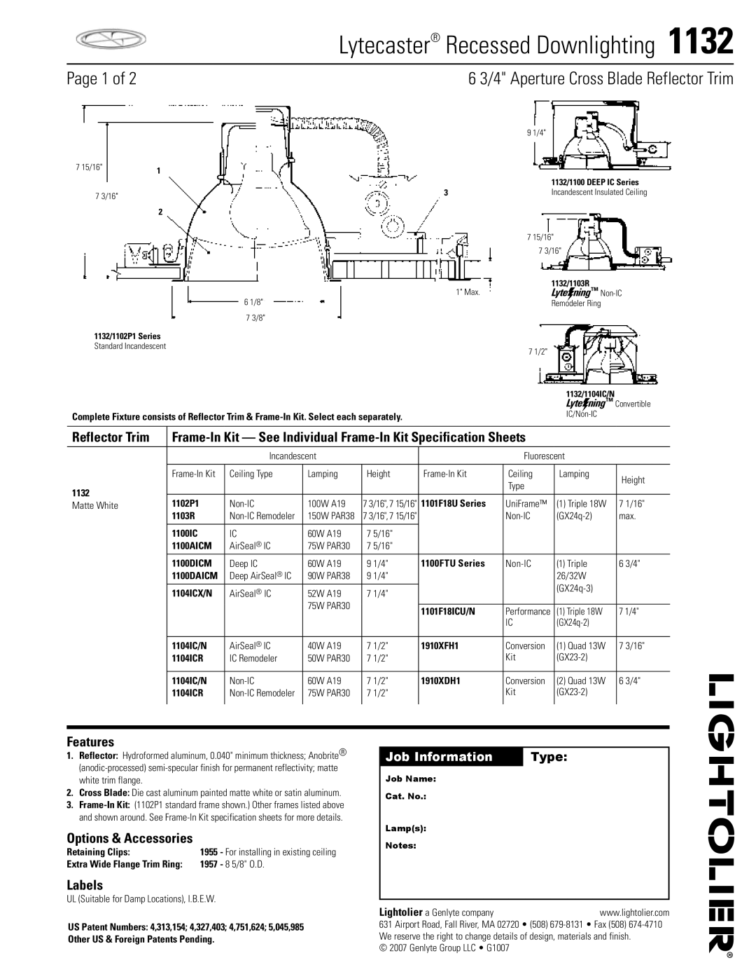 Lightolier 1132 specifications Reflector Trim, Features, Options & Accessories, Labels 