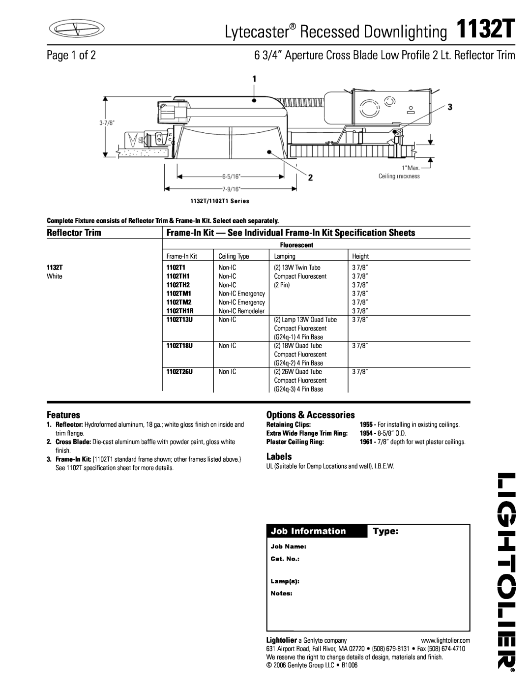 Lightolier specifications Lytecaster Recessed Downlighting 1132T, Page  of, Job Information, Type, Reflector Trim 