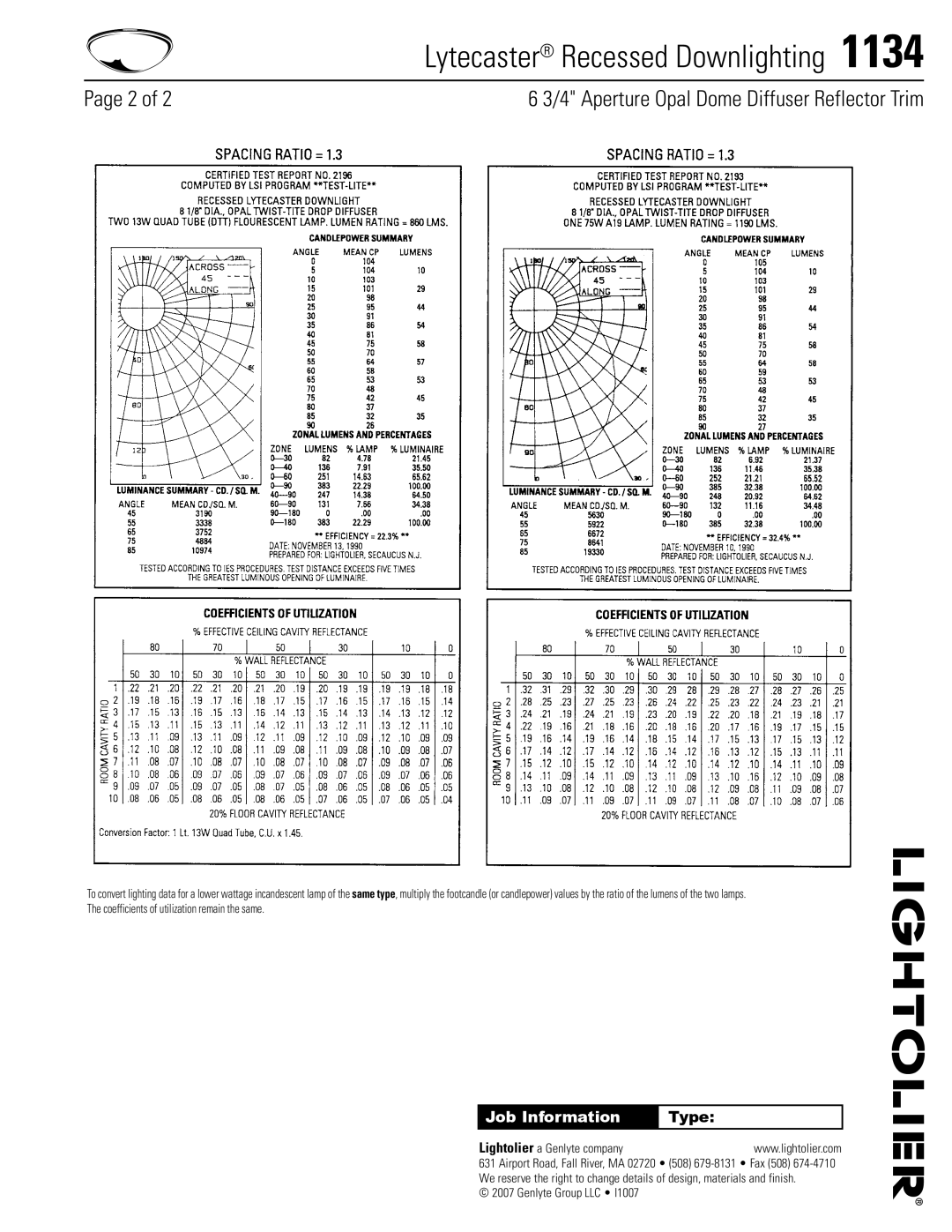 Lightolier 1134 specifications Job Information, Type 