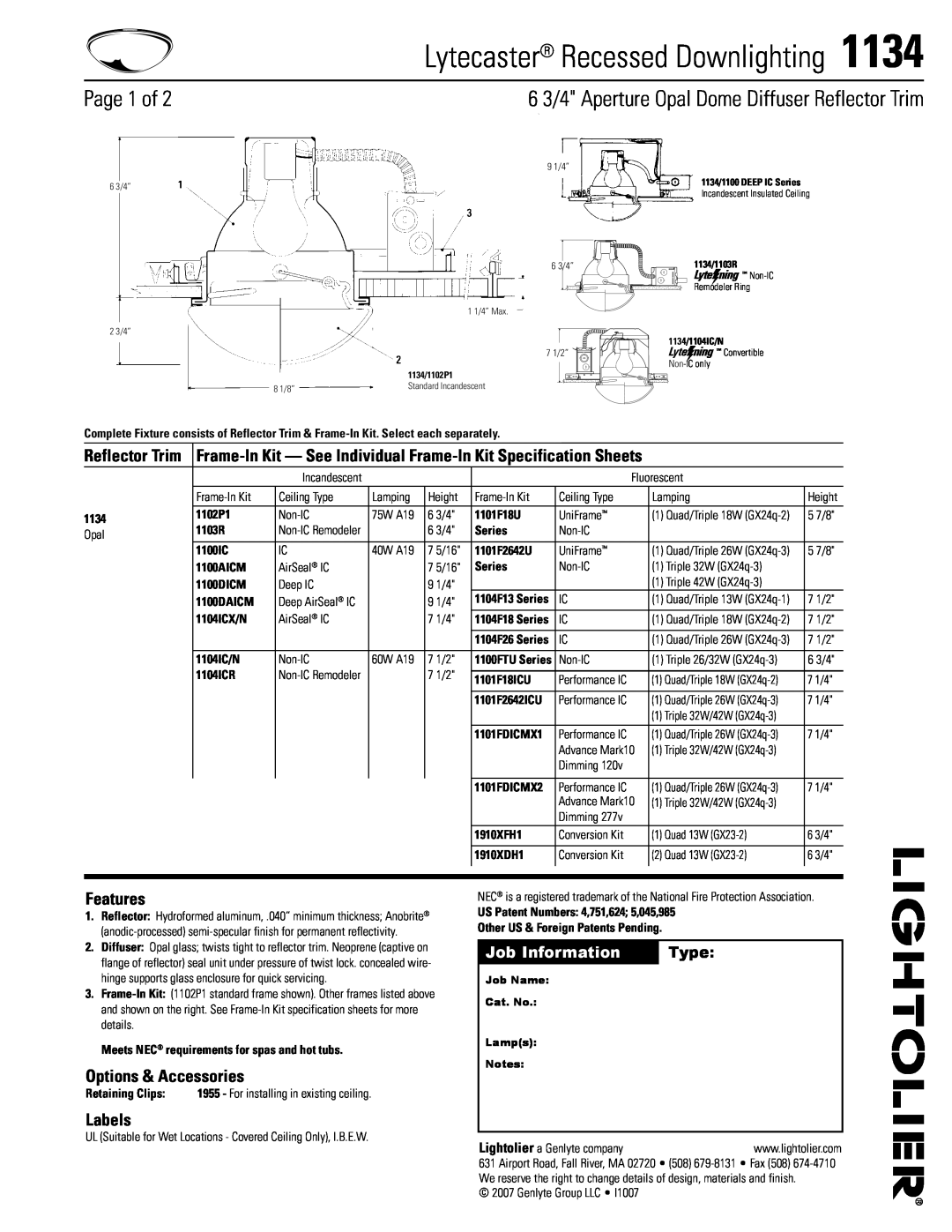 Lightolier 1134 specifications Lytecaster Recessed Downlighting, Page  of, Reflector Trim, Job Information, Type, Labels 