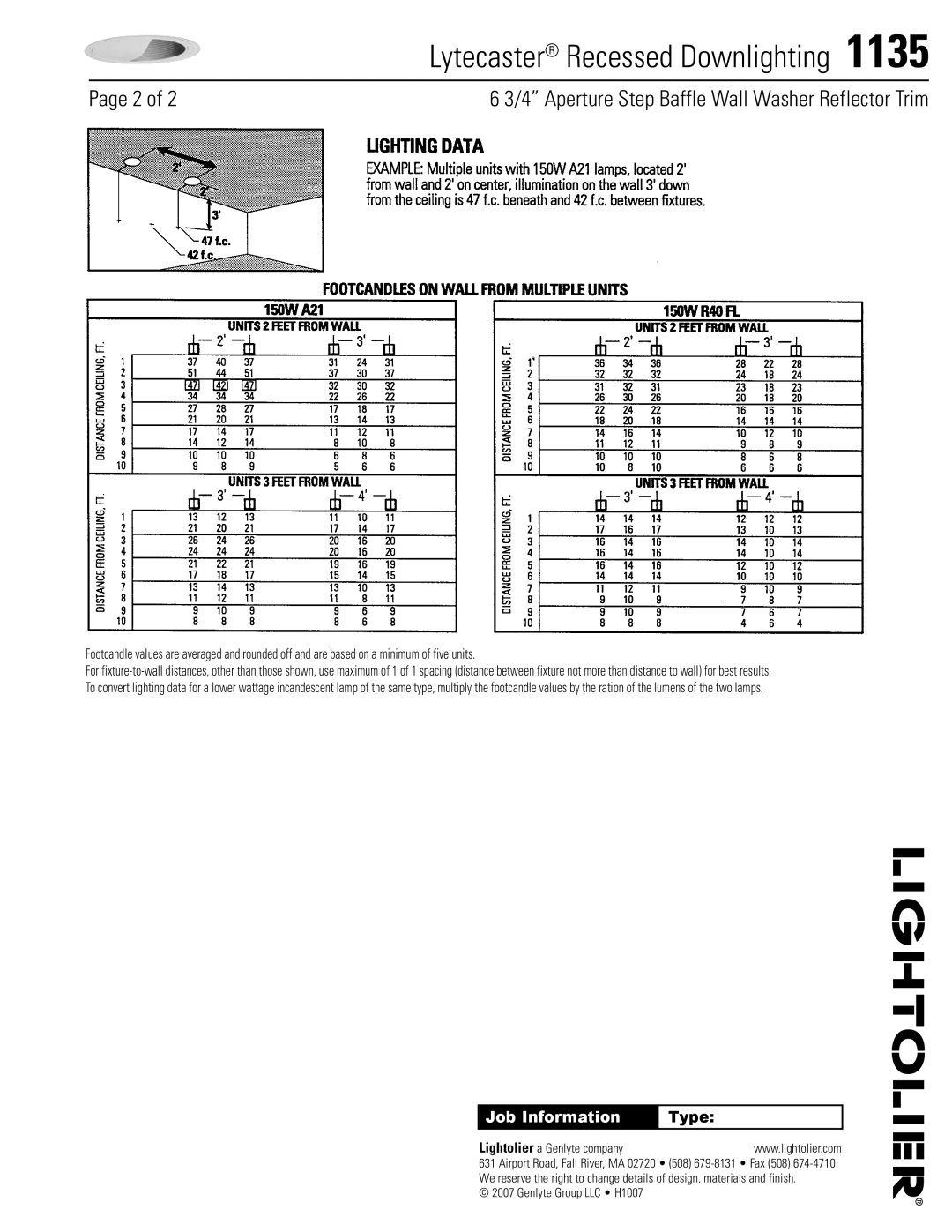 Lightolier 1135 specifications Job Information, Type 