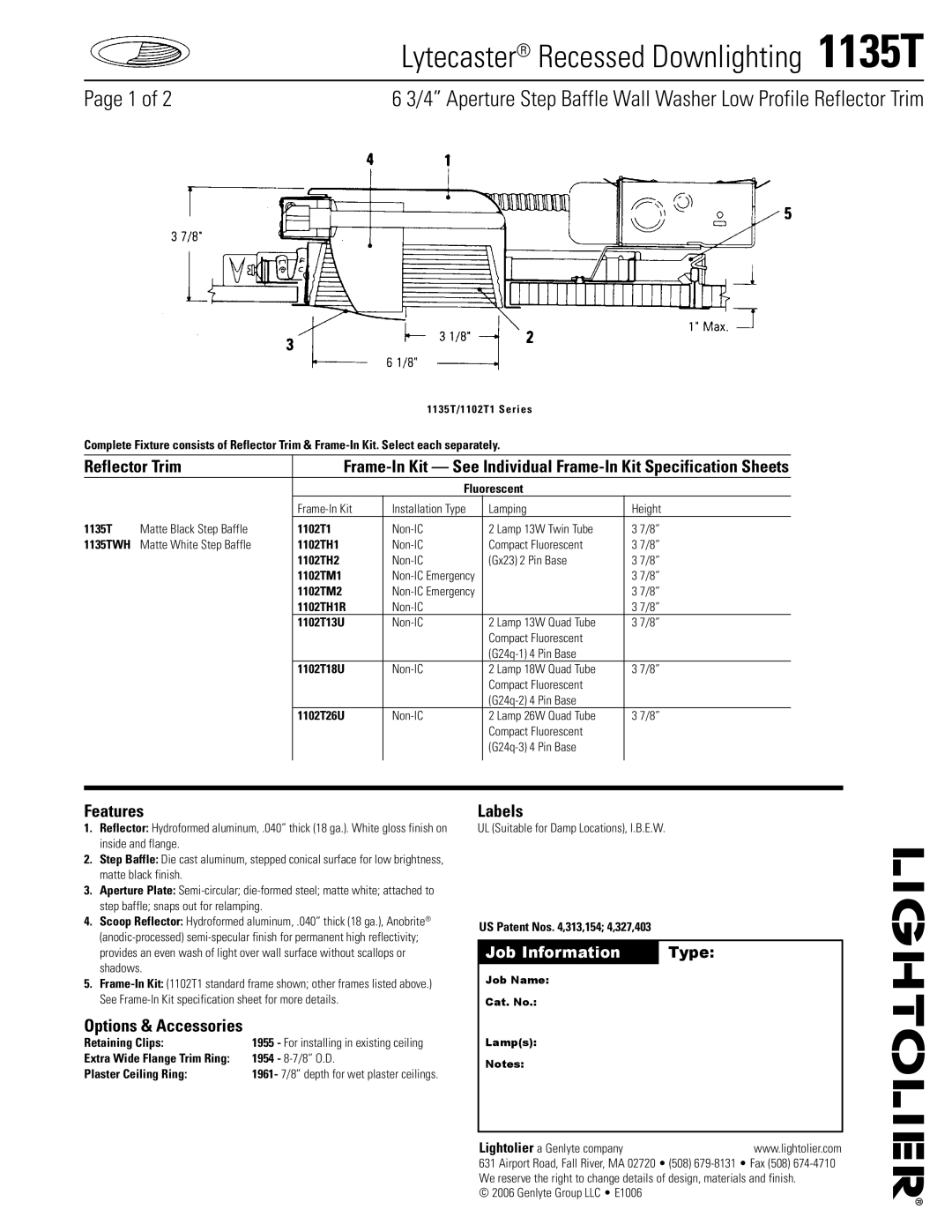 Lightolier 1135T specifications Reflector Trim, Features, Options & Accessories, Labels 