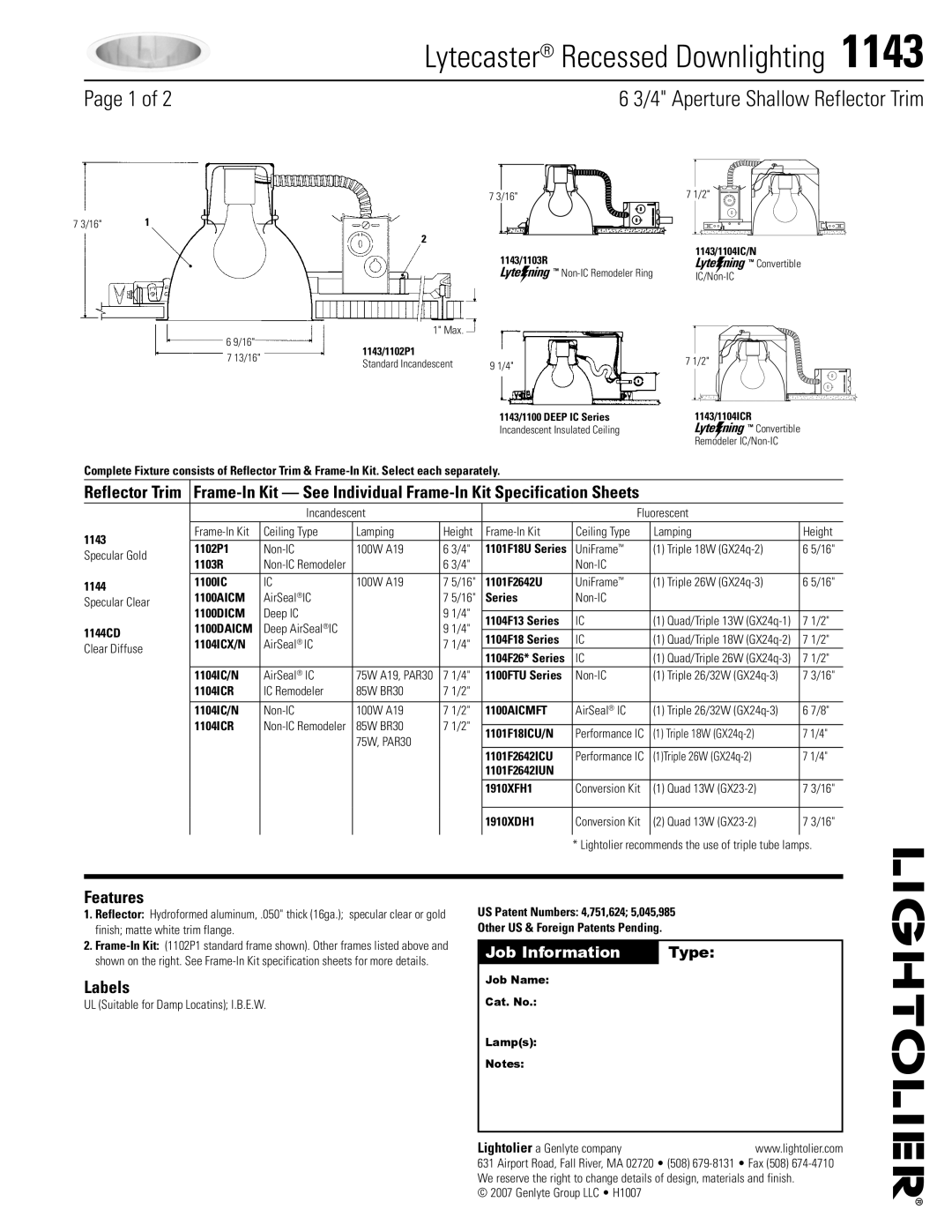 Lightolier 1143 specifications Features, Labels, Reflector Trim 