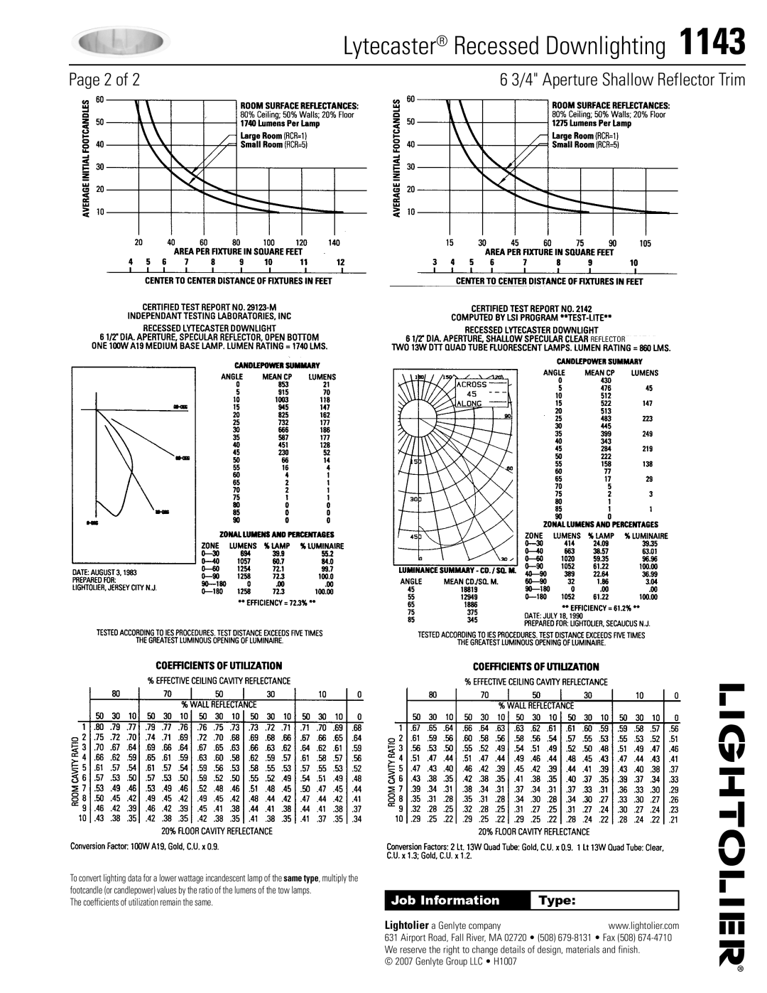 Lightolier 1143 specifications Type, Reflector 