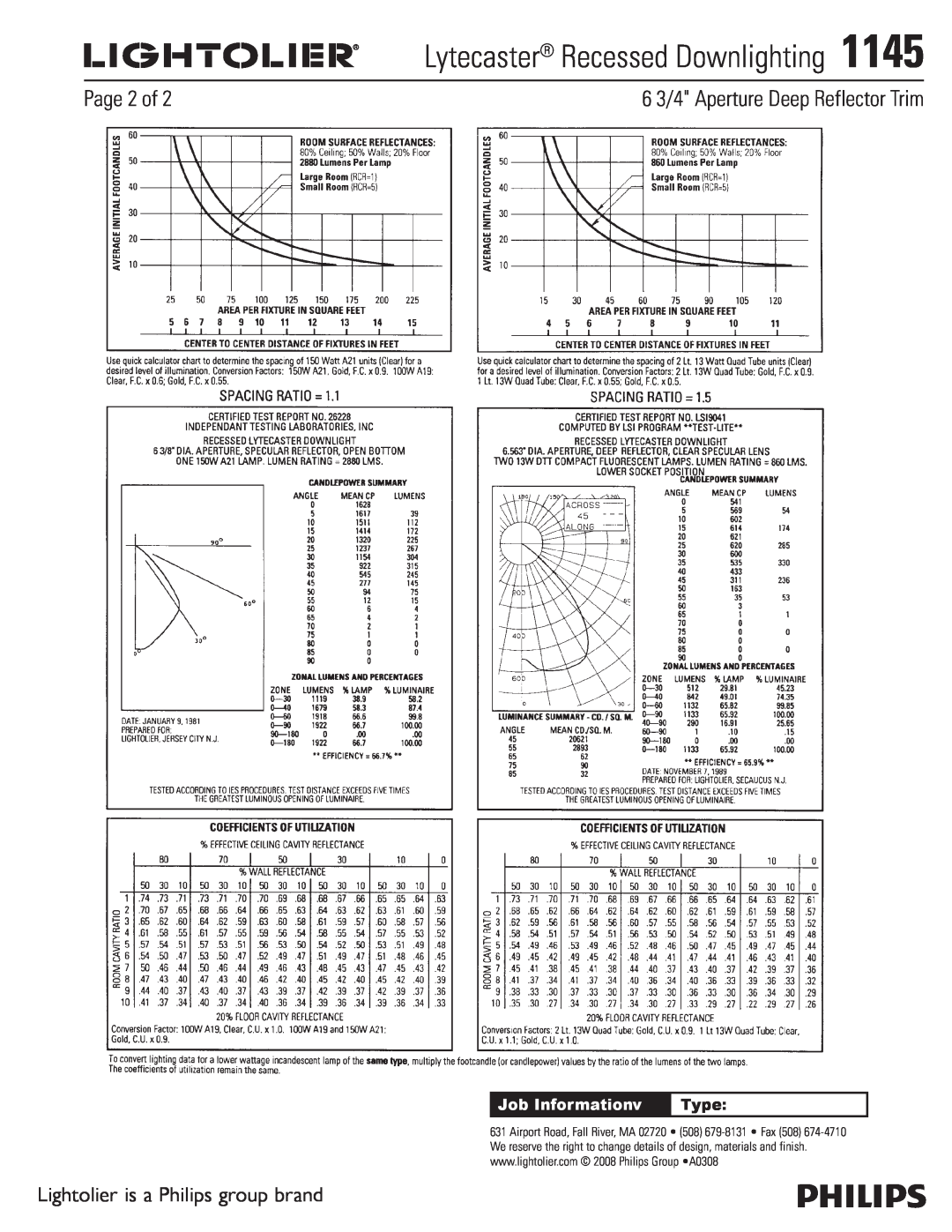Lightolier 1145 Page 2 of, Job Informationv, Lytecaster Recessed Downlighting, 6 3/4 Aperture Deep Reflector Trim, Type 
