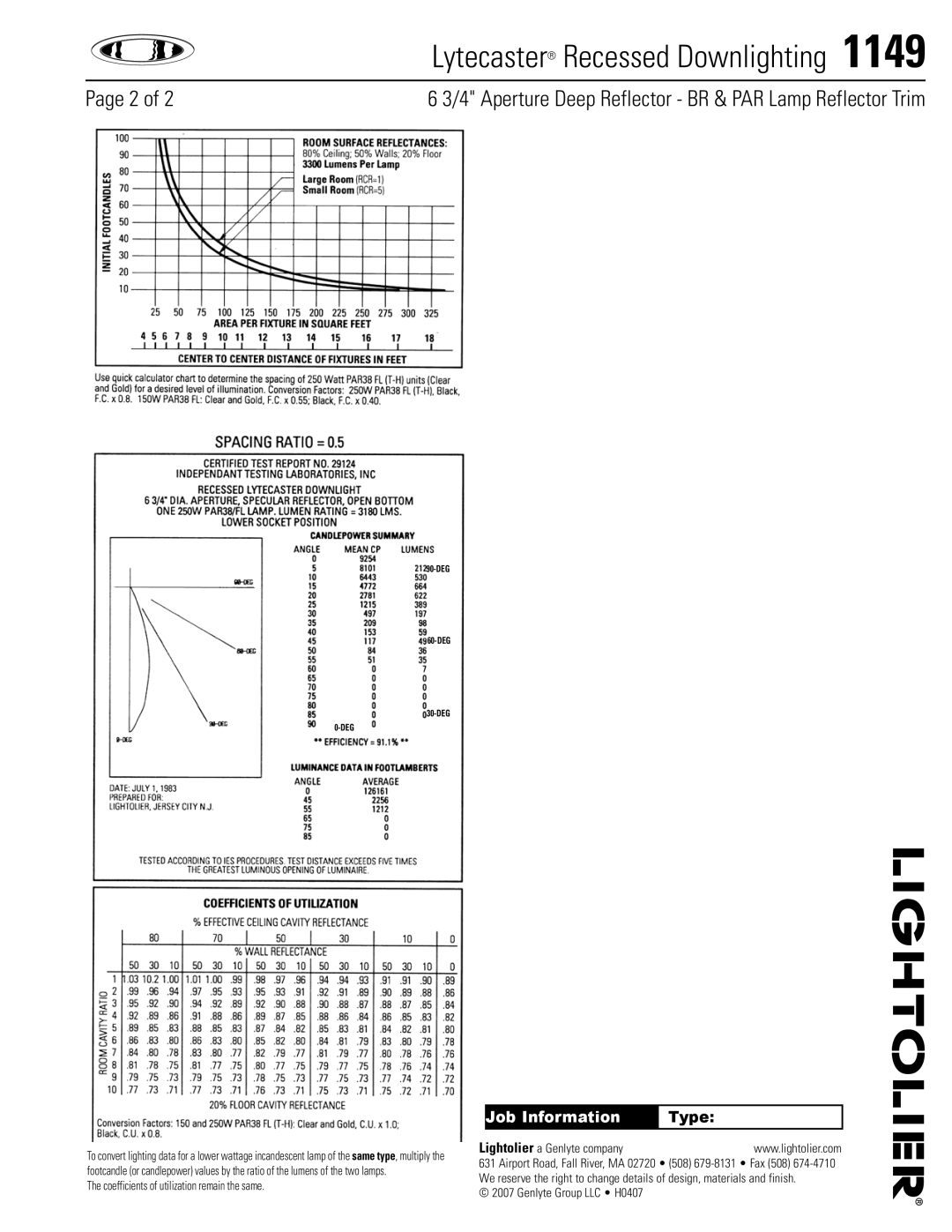 Lightolier 1149 specifications Job Information, Type, Deg 
