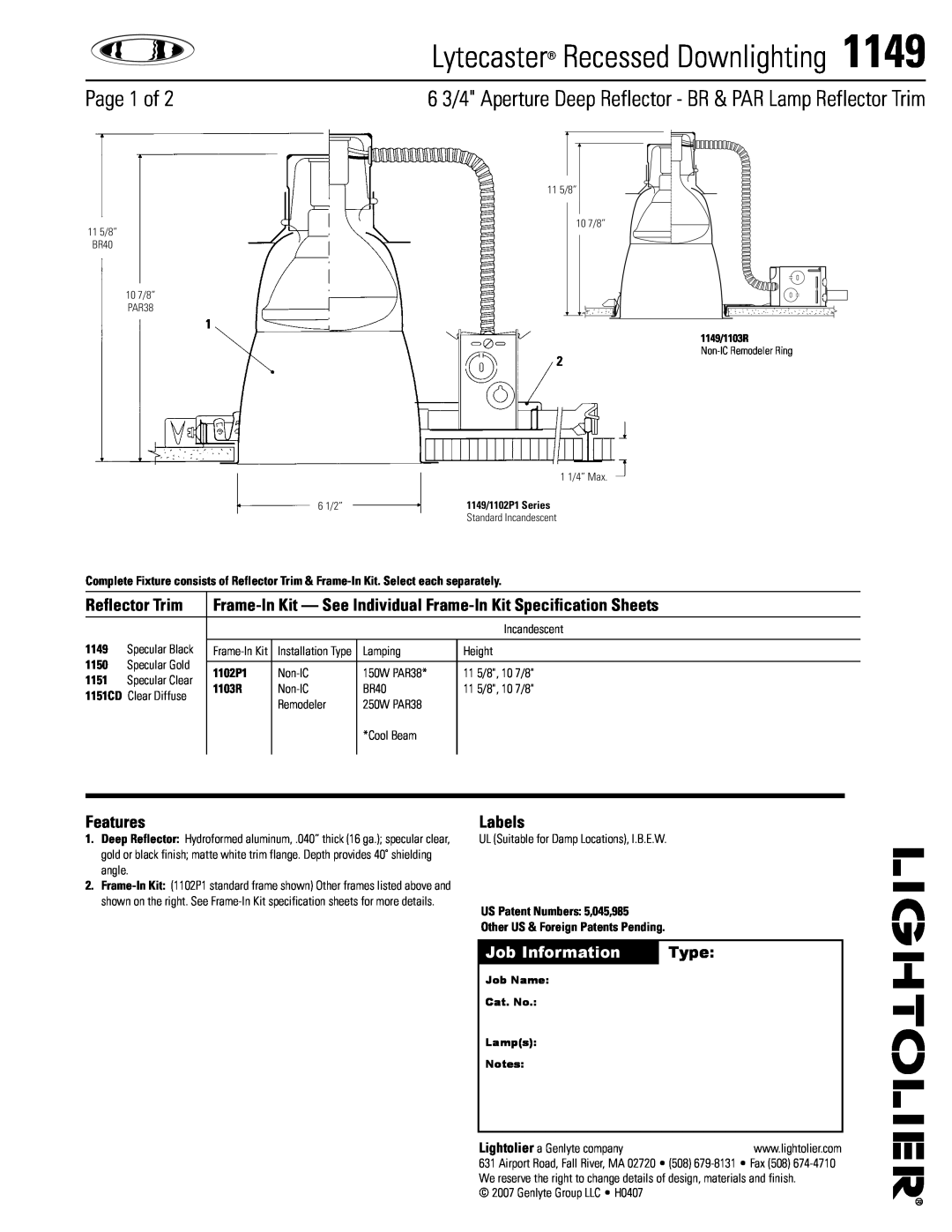 Lightolier 1149 specifications Lytecaster Recessed Downlighting, Page  of, Job Information, Type, Reflector Trim, Labels 