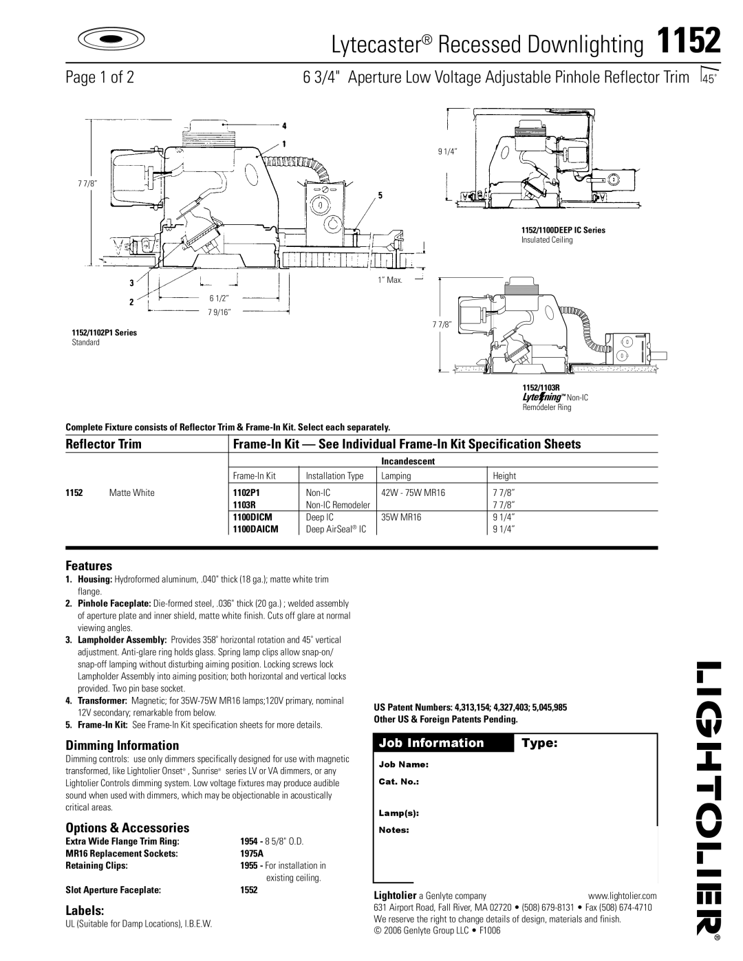 Lightolier 1152 specifications Features, Dimming Information, Options & Accessories, Labels 