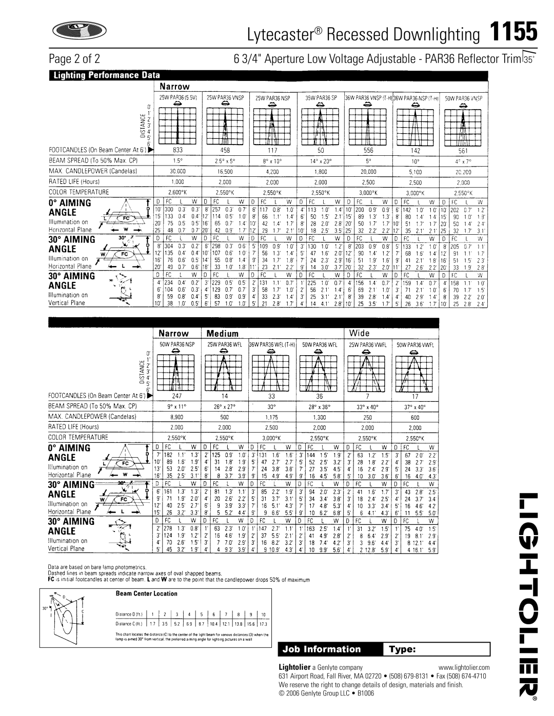 Lightolier 1155 specifications Job Information, Type 