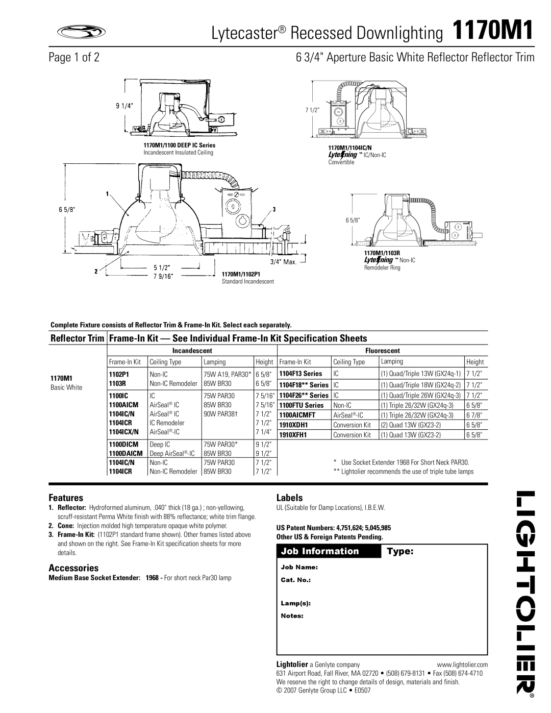 Lightolier 1170M1 specifications Features, Accessories, Labels 