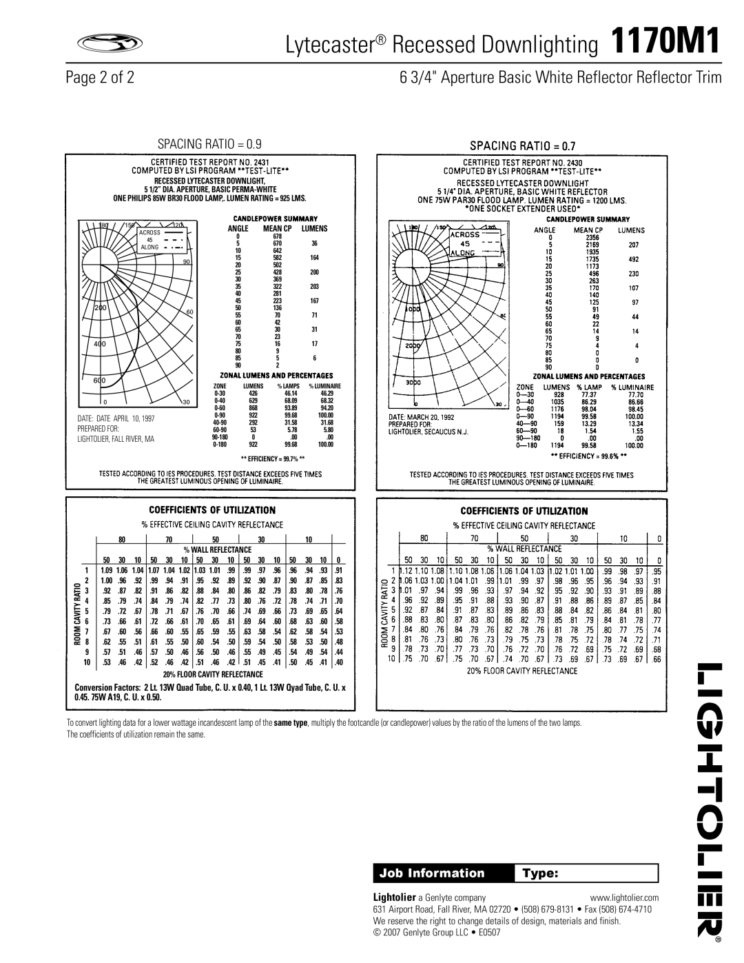 Lightolier specifications Lytecaster Recessed Downlighting 1170M1 