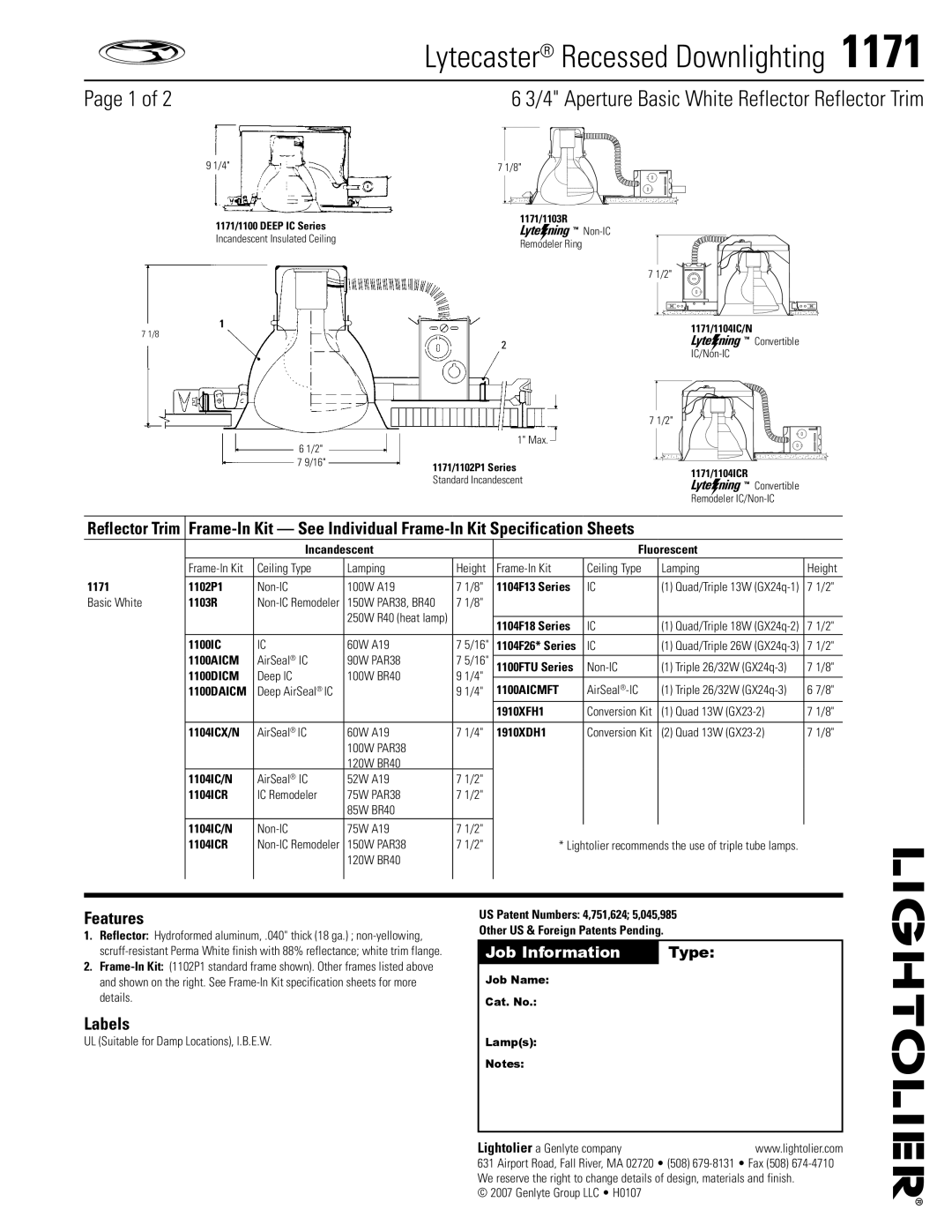 Lightolier 1171 specifications Features, Labels 