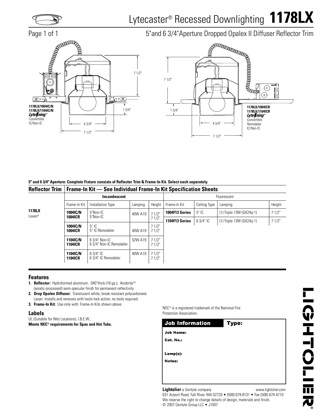 Lightolier specifications Lytecaster Recessed Downlighting 1178LX, Features, Labels 