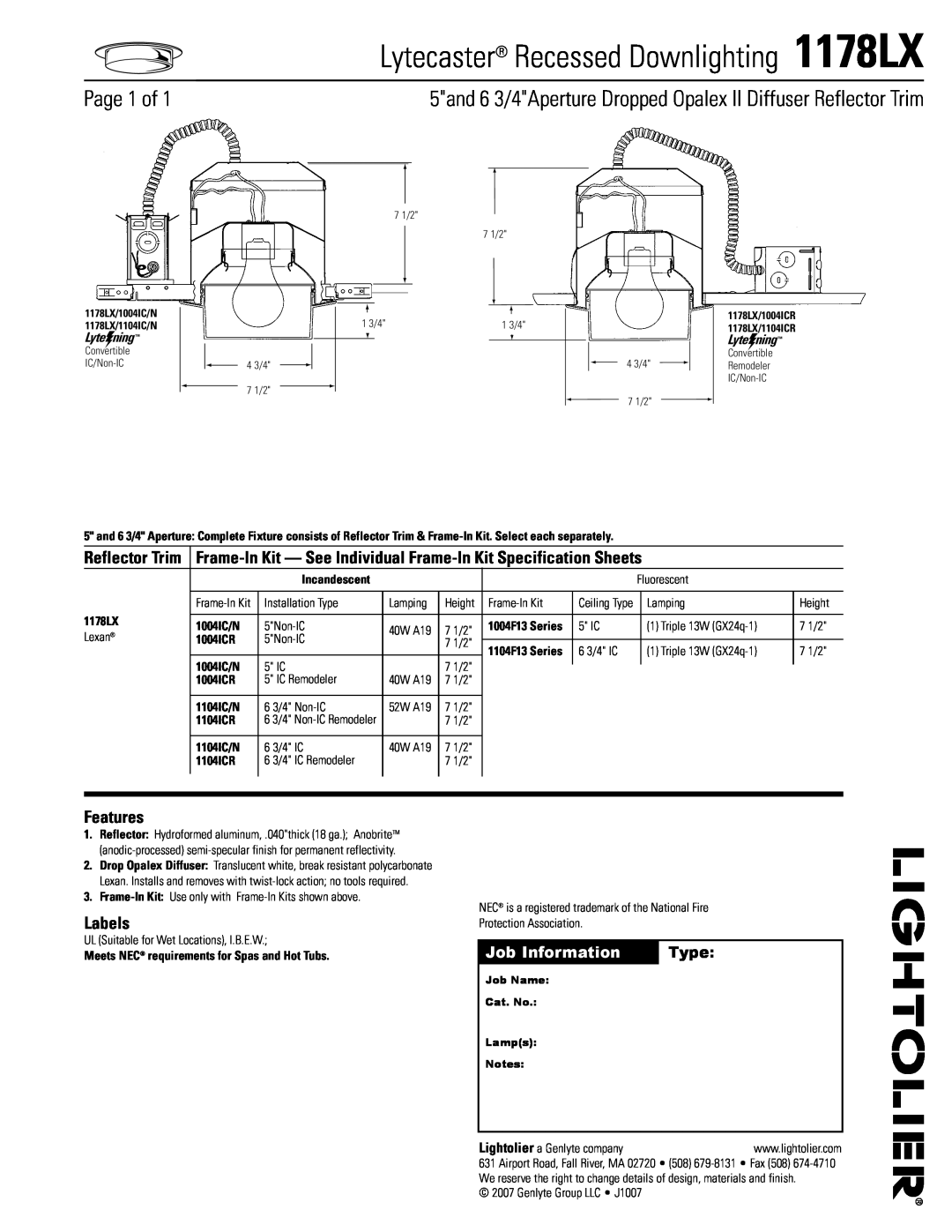 Lightolier specifications Lytecaster Recessed Downlighting 1178LX, Page 1 of, Features, Labels, Reflector Trim, Type 