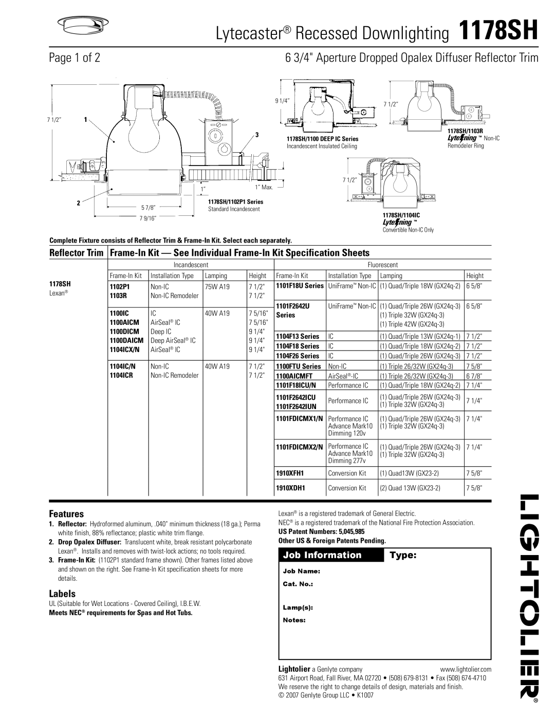 Lightolier 1178SH specifications Features, Labels, Job Information Type 