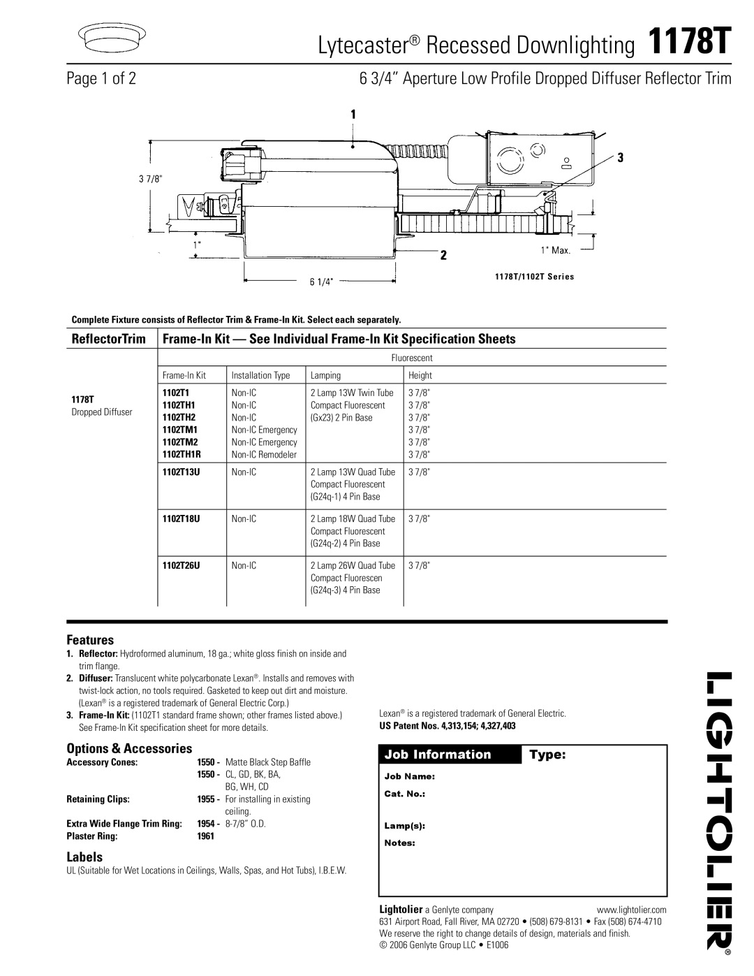 Lightolier 1178T specifications Features, Options & Accessories, Labels 