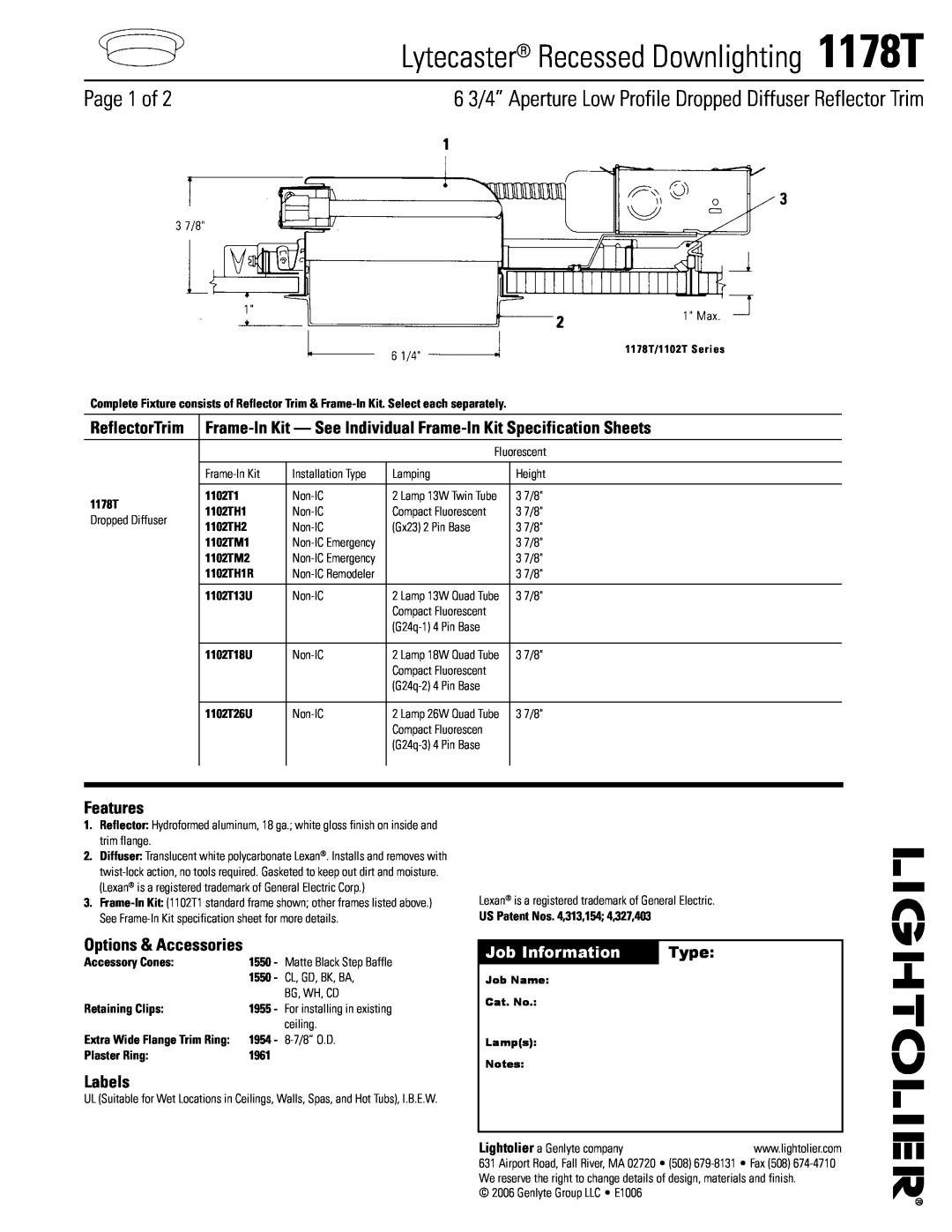 Lightolier specifications Lytecaster Recessed Downlighting 1178T, Page  of, Job Information, Type, Features, Labels 