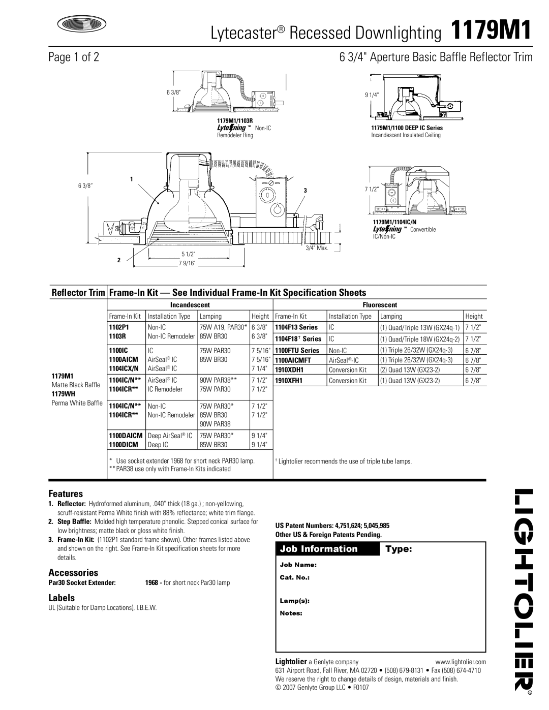 Lightolier 1179M1 specifications Features, Accessories, Labels 